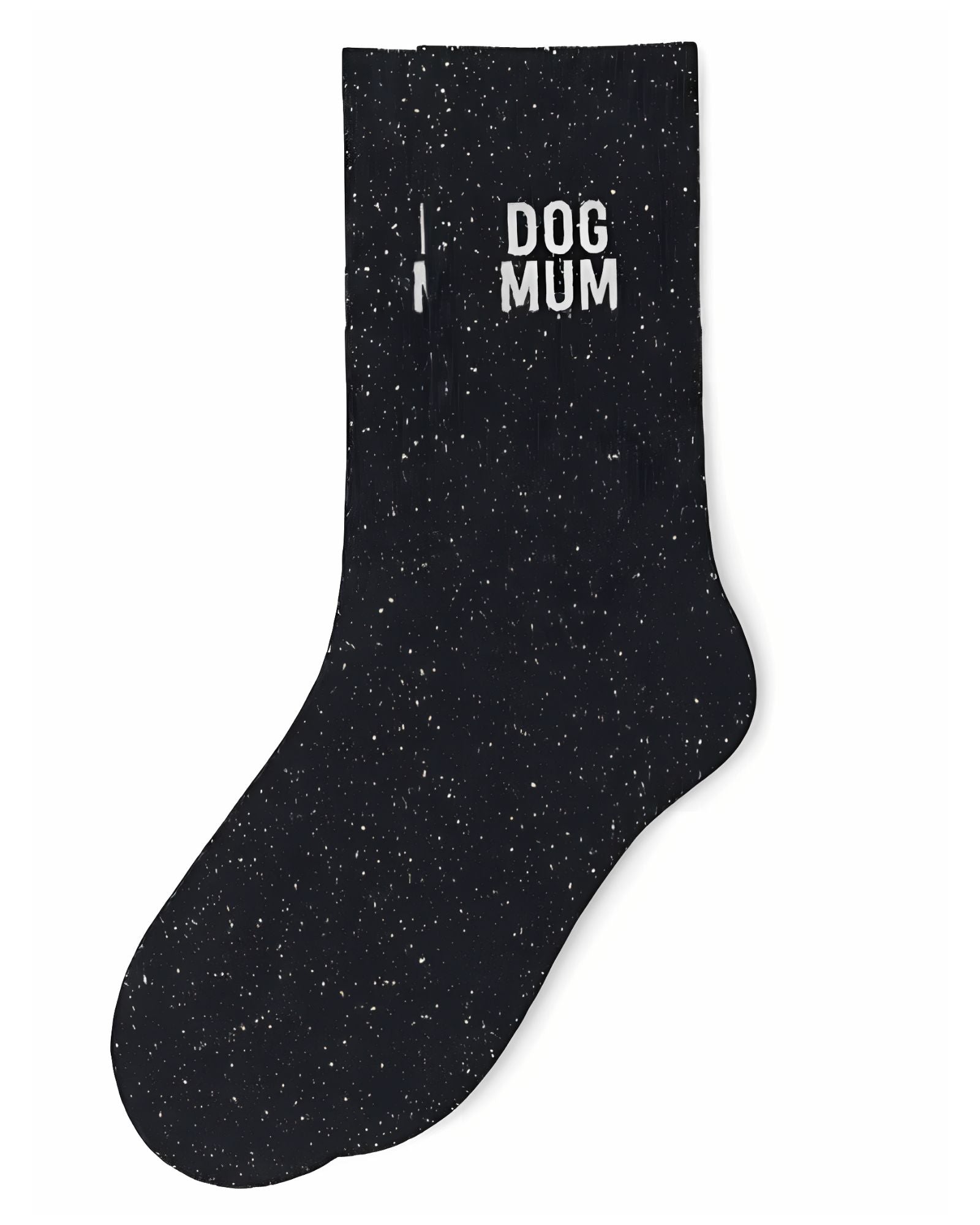 Side profile view of the black glitter sock showing the comfortable elasticated ankle and the playful DOG MUM wording detail.