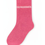 Side profile view of the pink glitter sock showing the comfortable elasticated ankle and the clean white FASHIONISTA wording detail.
