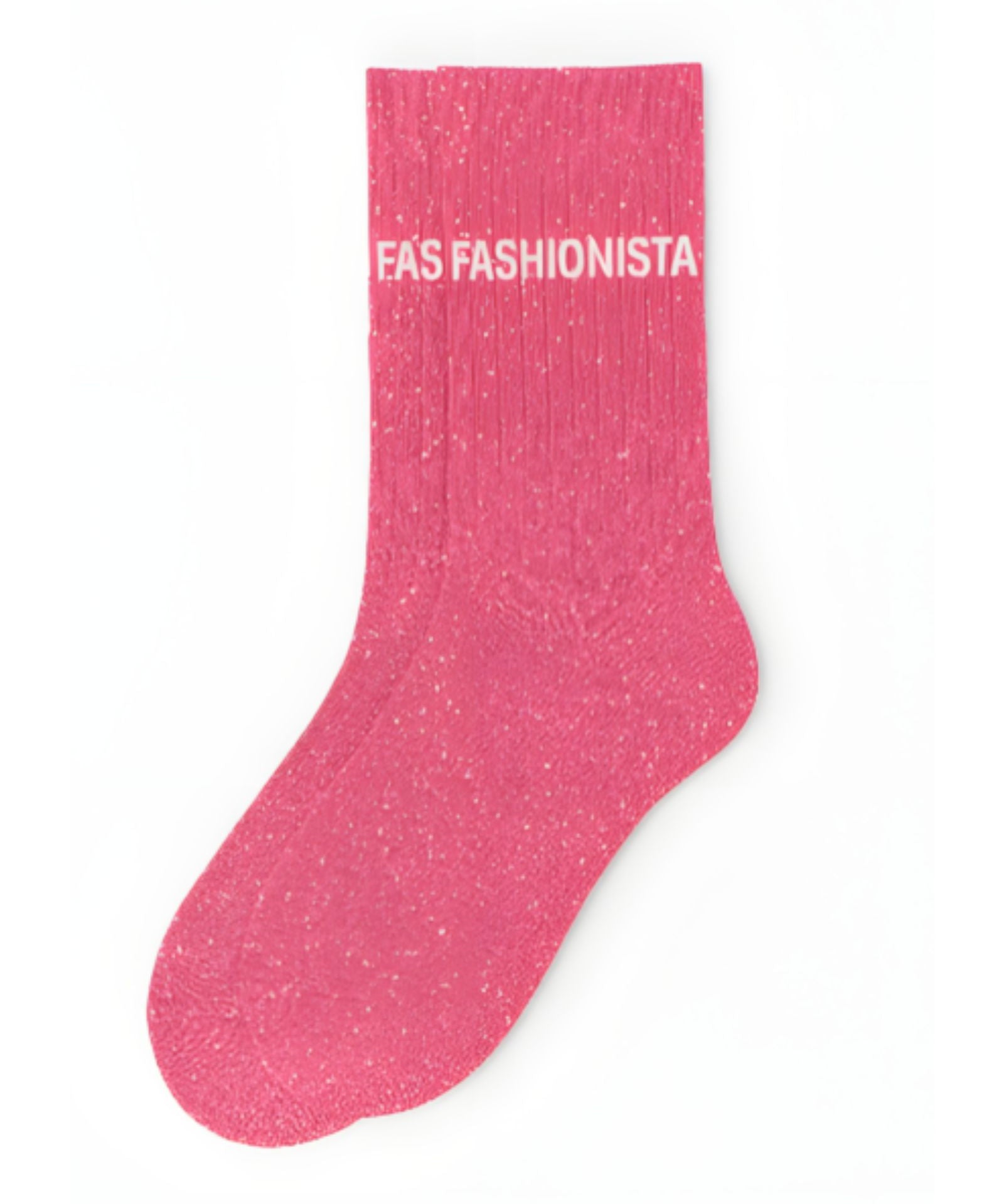 Side profile view of the pink glitter sock showing the comfortable elasticated ankle and the clean white FASHIONISTA wording detail.