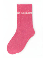 Side profile view of the pink glitter sock showing the comfortable elasticated ankle and the clean white FASHIONISTA wording detail.