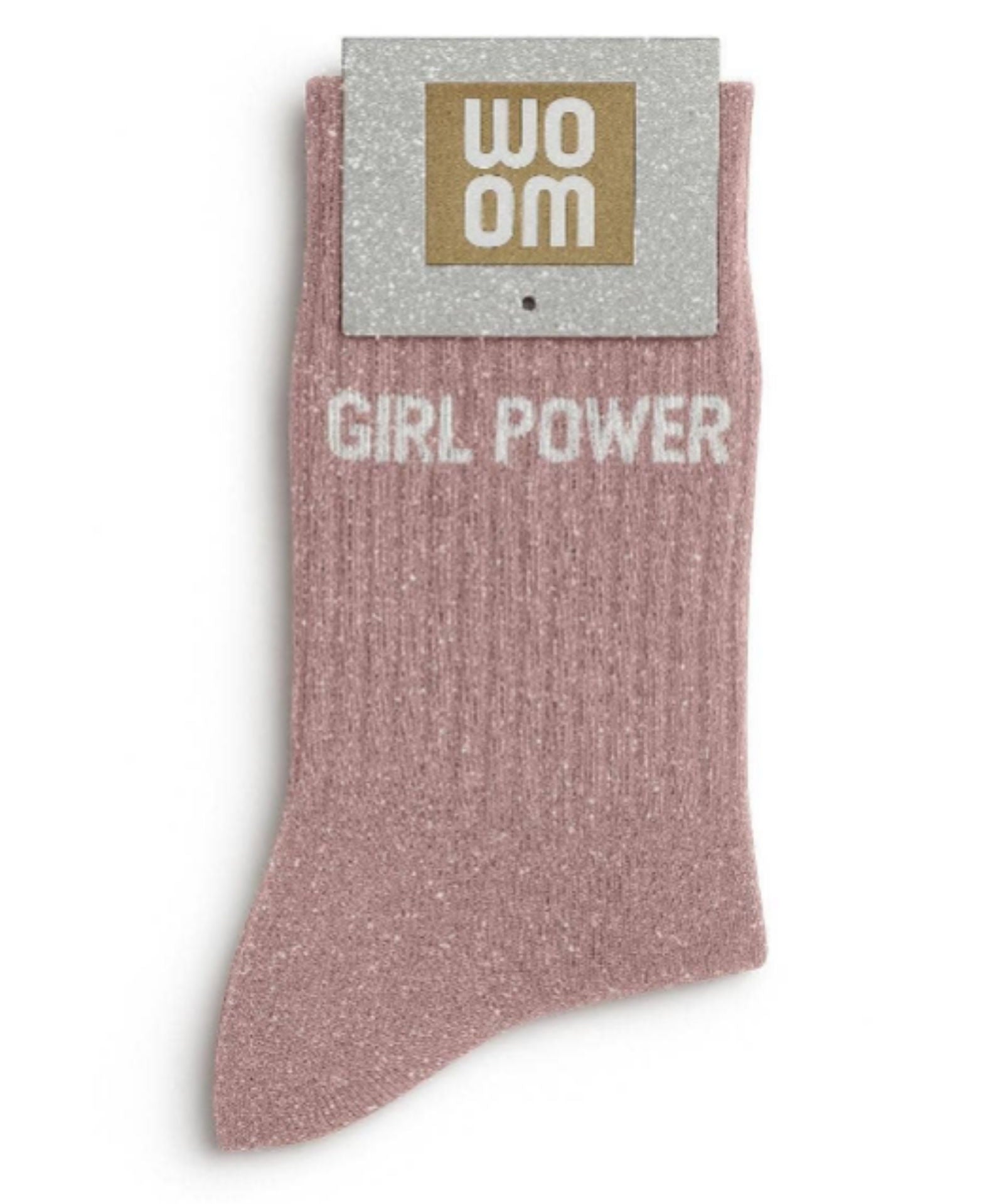 Rose gold glitter message socks with a white jacquard GIRL POWER inscription at the ankle, presented in their original Woom paper packaging.