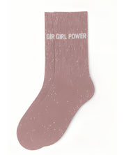 Side profile view of the rose gold glitter sock showing the comfortable elasticated ankle and the clean white GIRL POWER wording detail.
