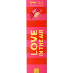 The red and pink LOVE IN THE AIR folding fan neatly packed inside its slim, matching vertical gift box, ready for presentation