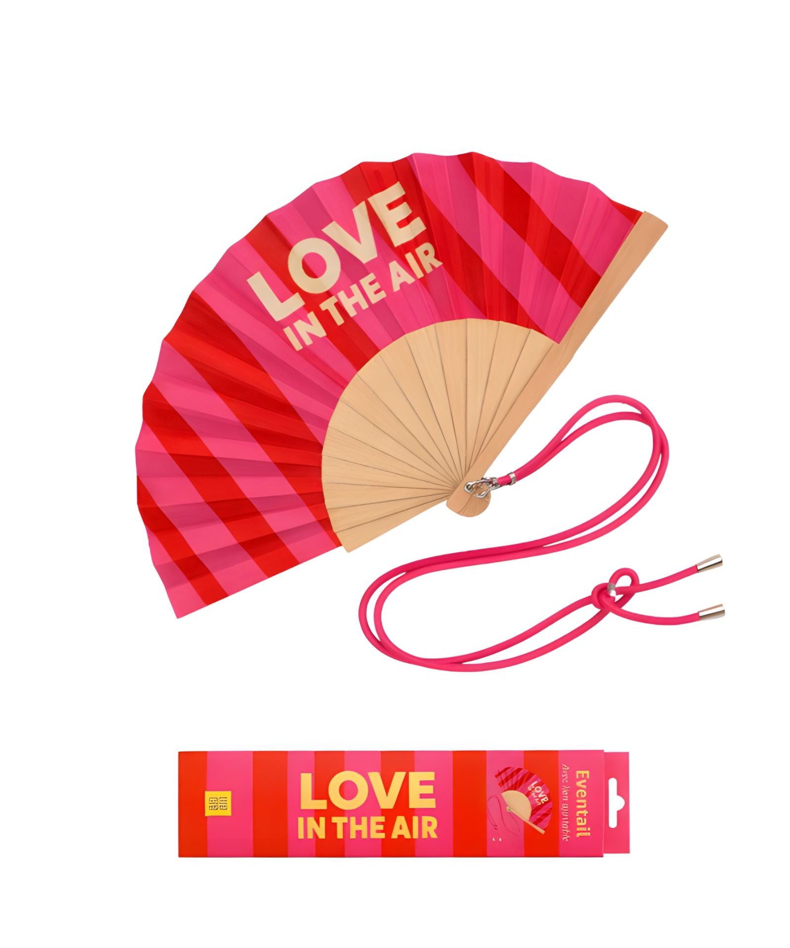 An opened summer folding fan with a dynamic red and pink striped pattern and LOVE IN THE AIR text, displayed alongside its matching pink shoulder cord and gift packaging.