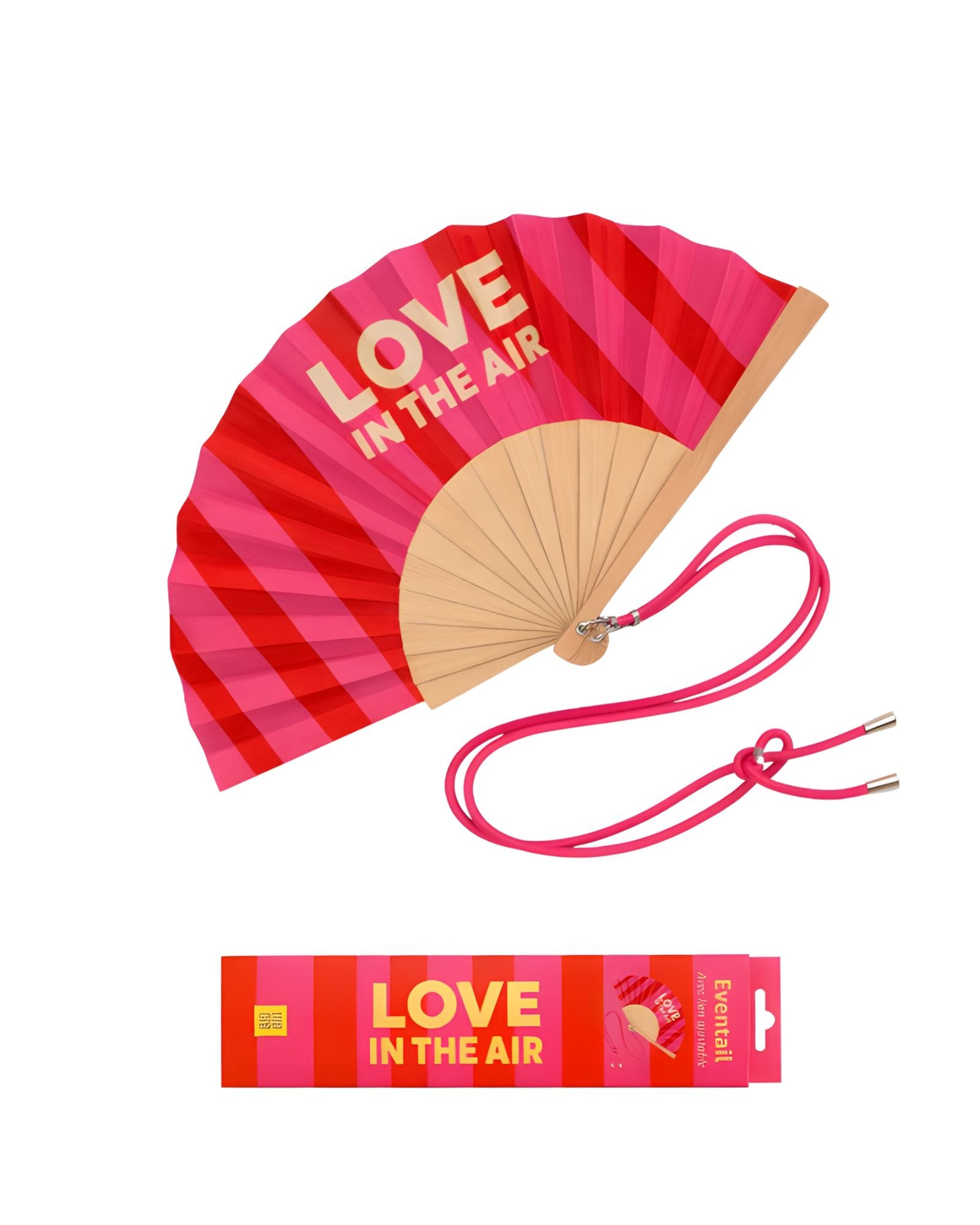 An opened summer folding fan with a dynamic red and pink striped pattern and LOVE IN THE AIR text, displayed alongside its matching pink shoulder cord and gift packaging.