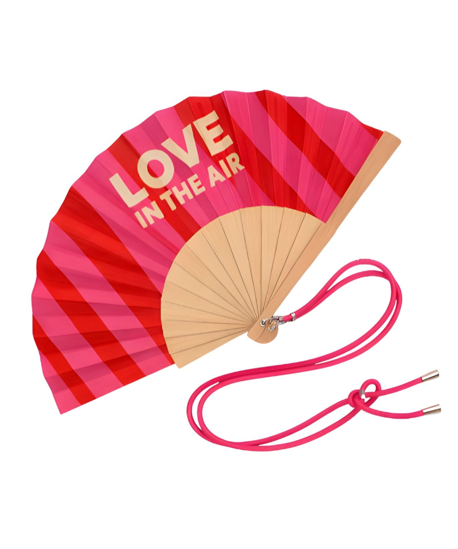 Close-up view of the opened red and pink striped wooden fan, showcasing the high-quality fabric finish, contrast typography, and attached pink strap.