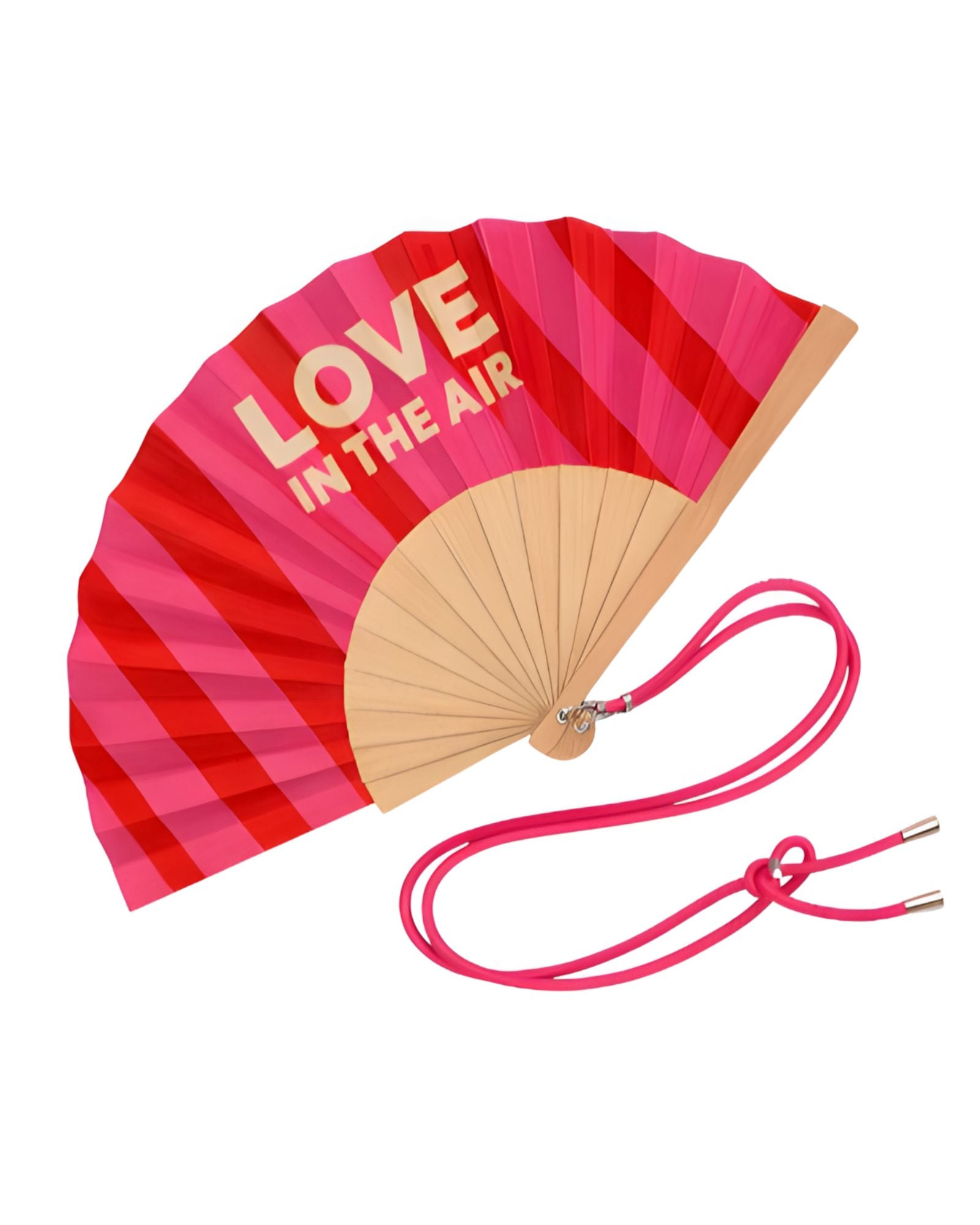 Close-up view of the opened red and pink striped wooden fan, showcasing the high-quality fabric finish, contrast typography, and attached pink strap.