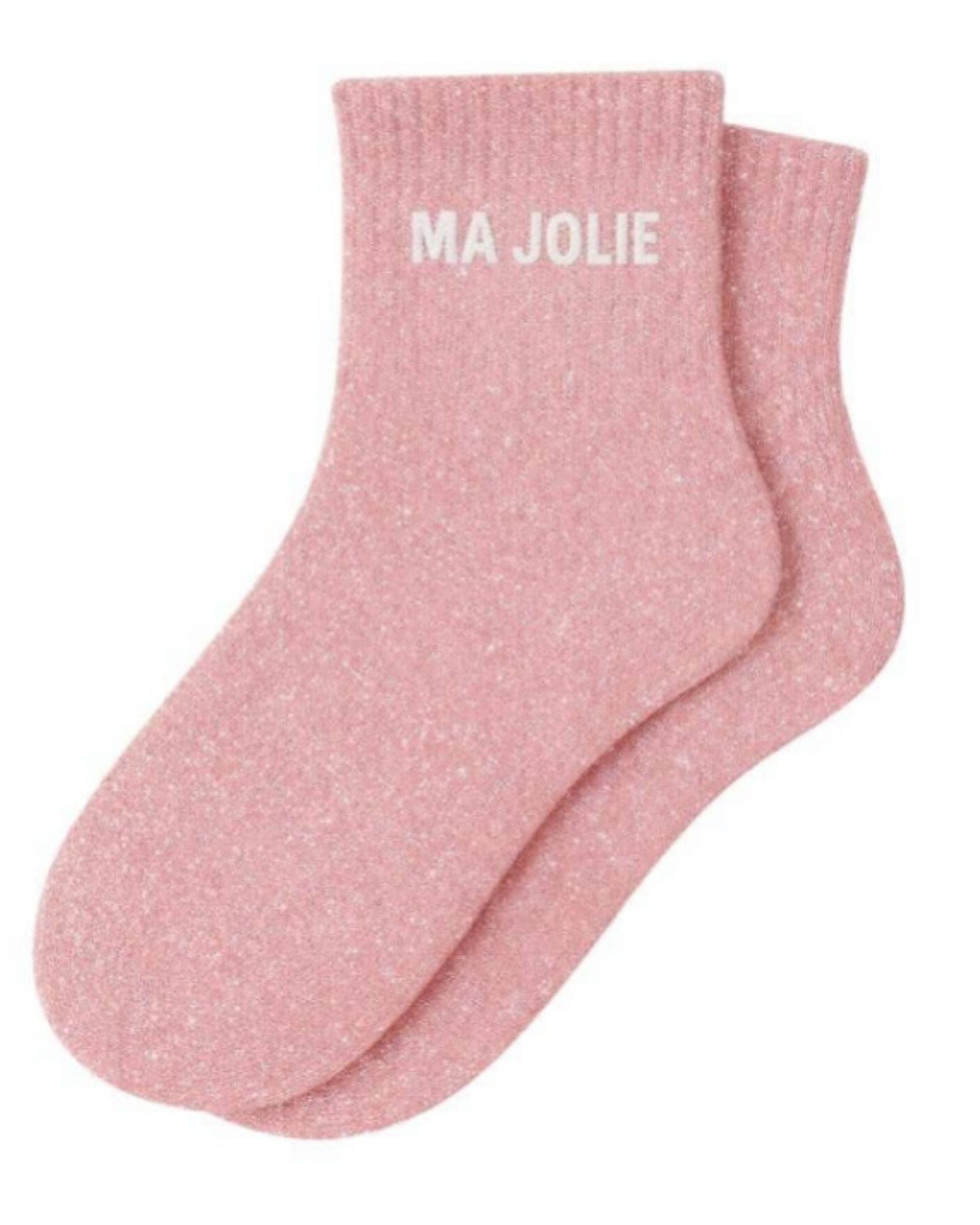 ide profile view of the pink glitter short ankle sock showing the comfortable elasticated cuff and the clean white MA JOLIE wording detail.