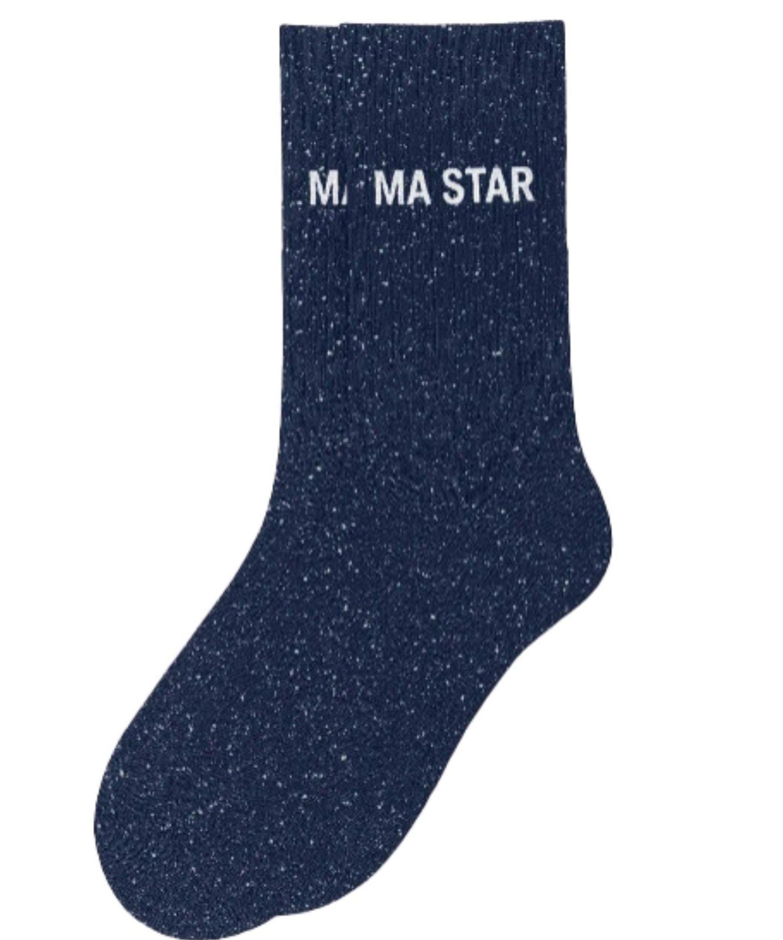 Side profile view of the navy glitter sock showing the comfortable elasticated ankle and the clean white MA STAR wording detail.