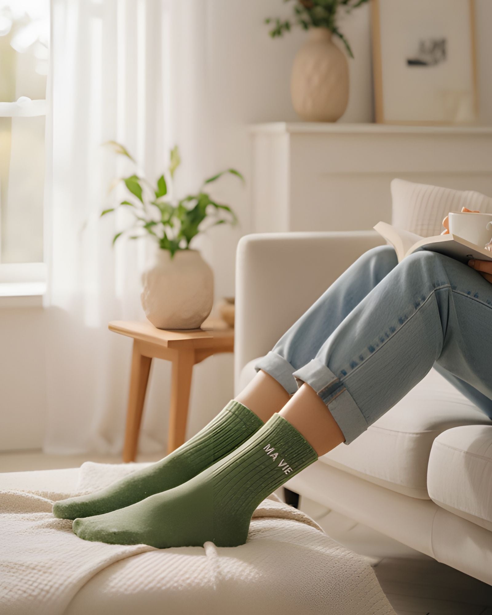 Cozy indoor lifestyle shot of a model relaxing on a couch, styling the almond green glitter message socks with casual home attire.