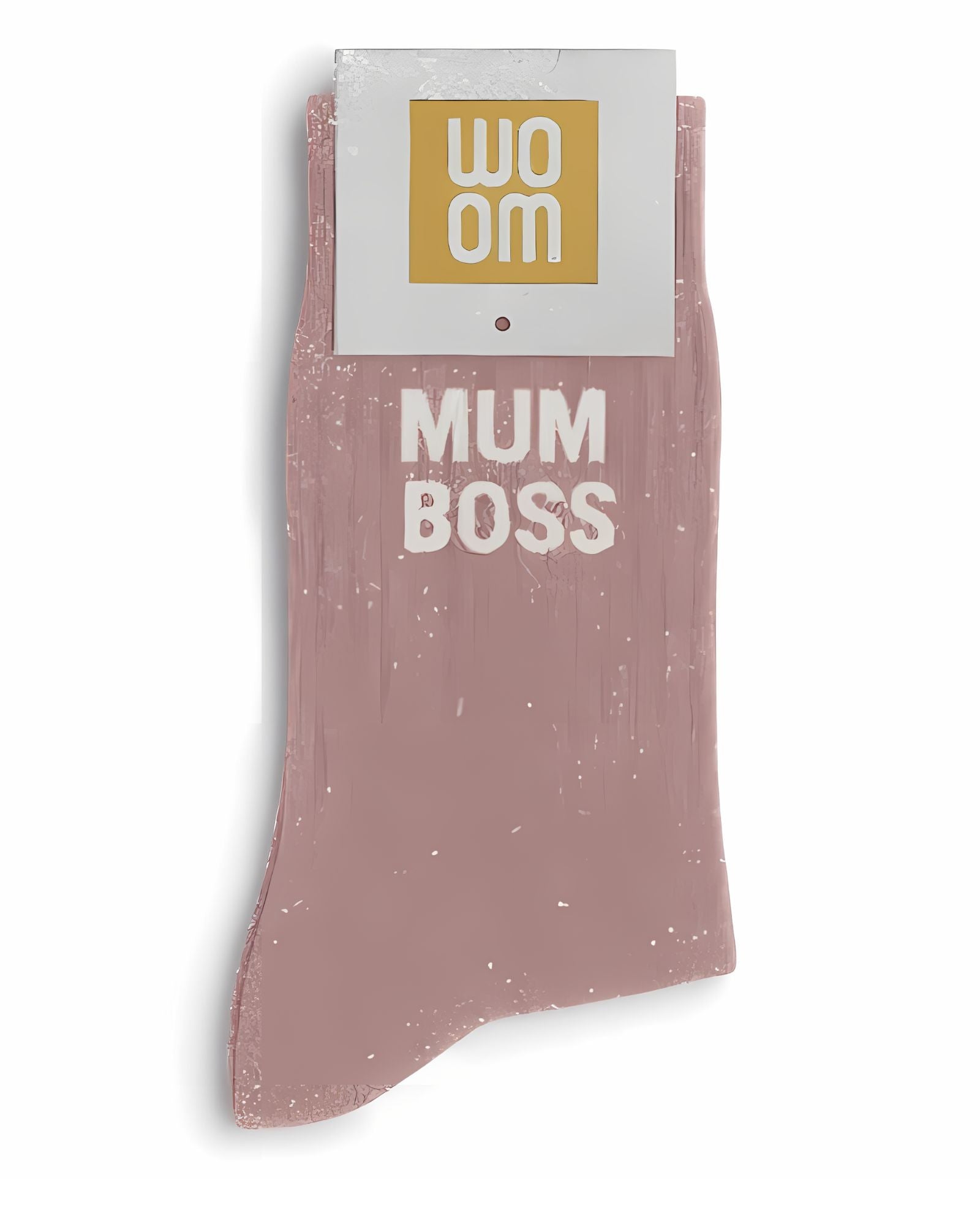 Rose gold glitter message socks with a white jacquard MUM BOSS inscription at the ankle, presented in their original Woom paper packaging.