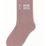 Side profile view of the rose gold glitter sock showing the comfortable elasticated ankle and the bold white MUM BOSS wording detail.