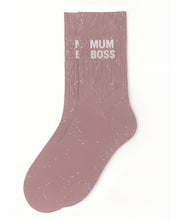 Side profile view of the rose gold glitter sock showing the comfortable elasticated ankle and the bold white MUM BOSS wording detail.