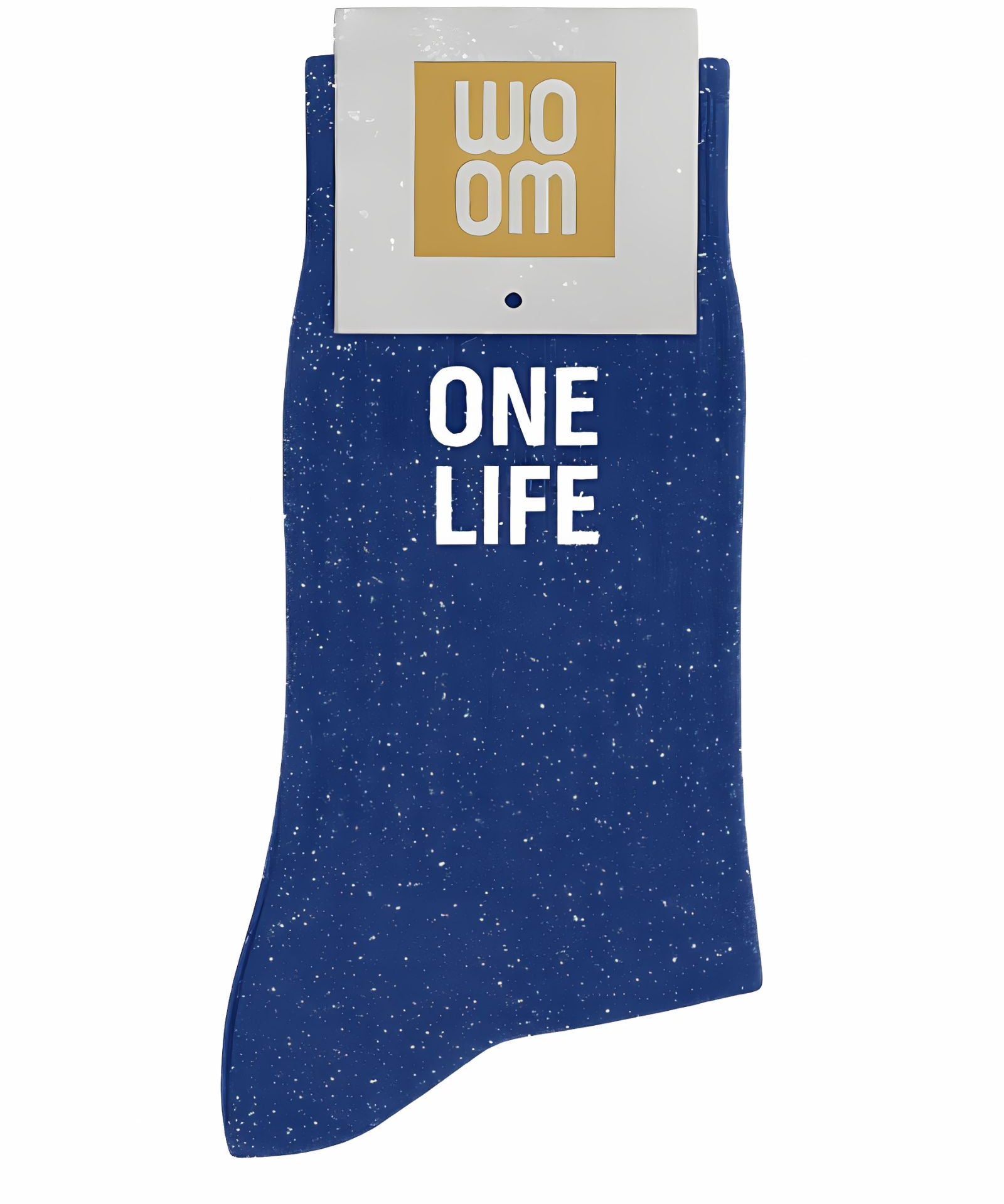 Deep blue glitter message socks with a white jacquard ONE LIFE inscription at the ankle, presented in their original Woom paper packaging.