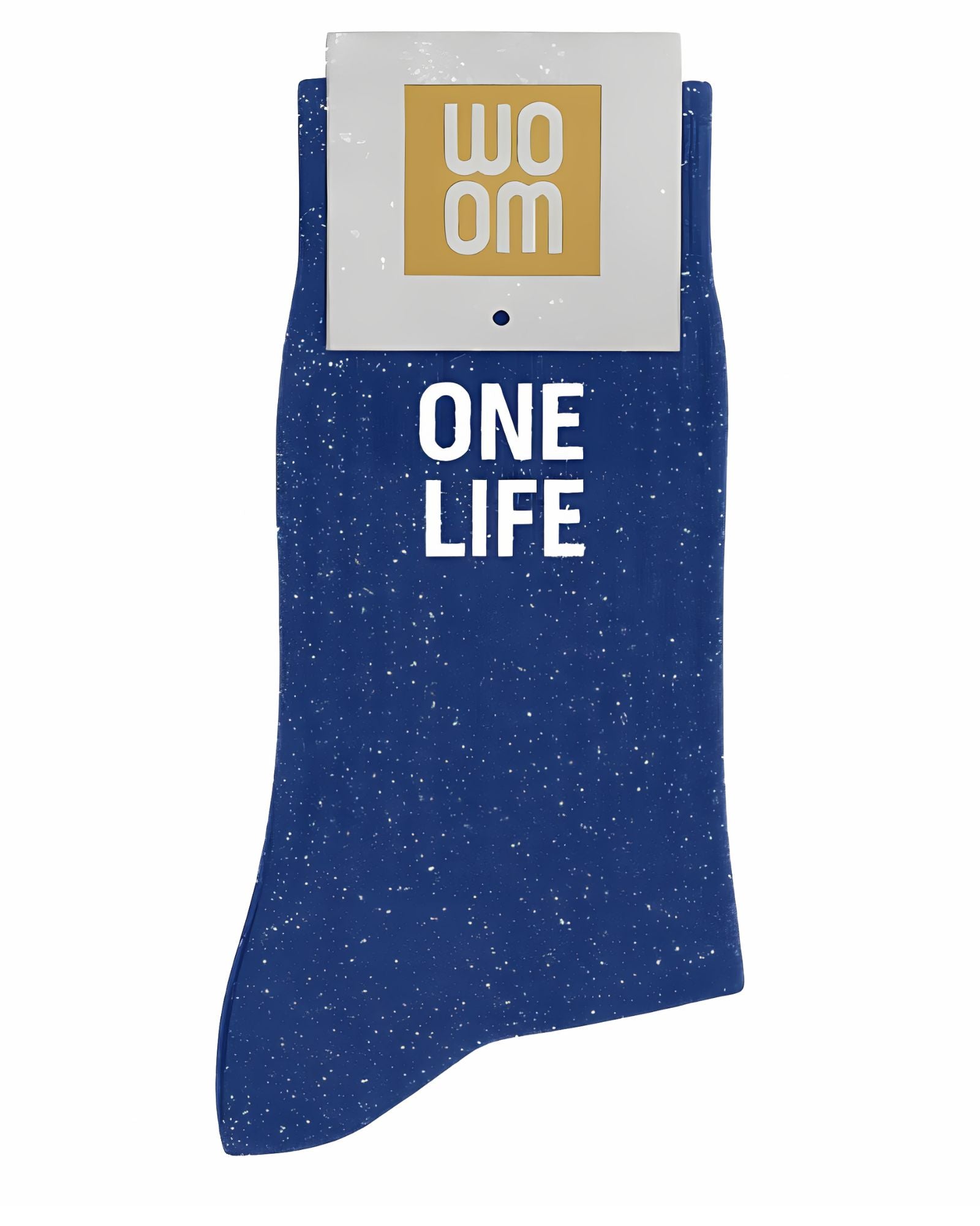 Deep blue glitter message socks with a white jacquard ONE LIFE inscription at the ankle, presented in their original Woom paper packaging.