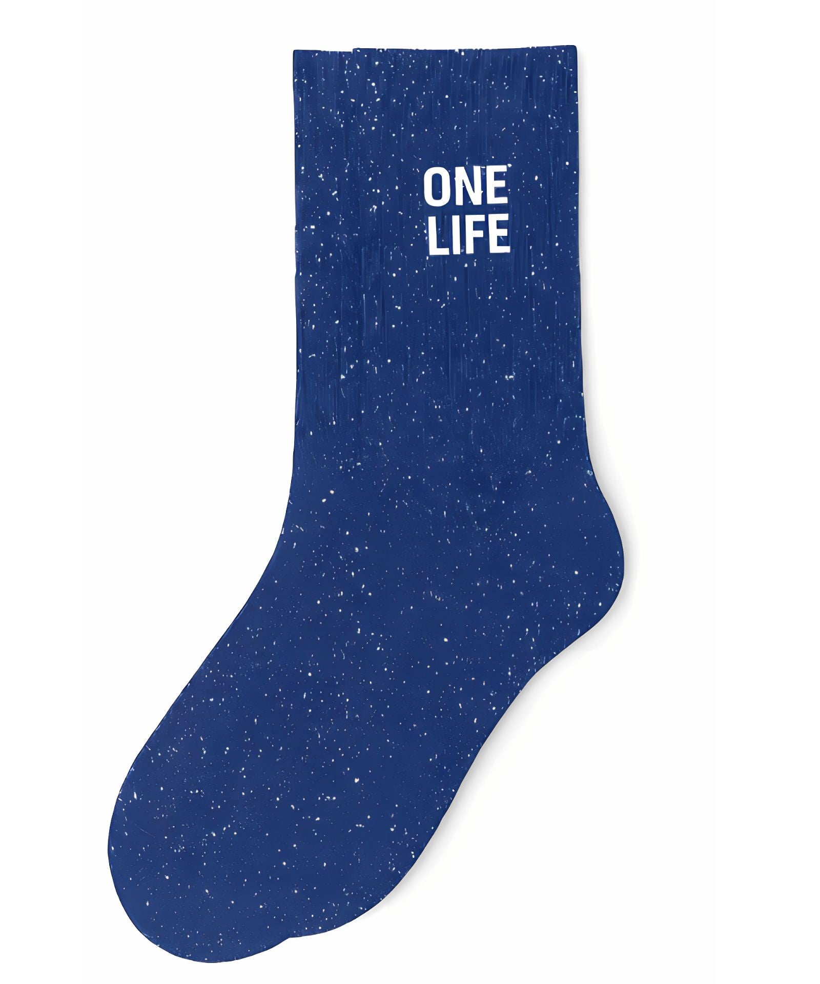 Side profile view of the blue glitter sock showing the comfortable elasticated ankle and the clean white ONE LIFE wording detail.