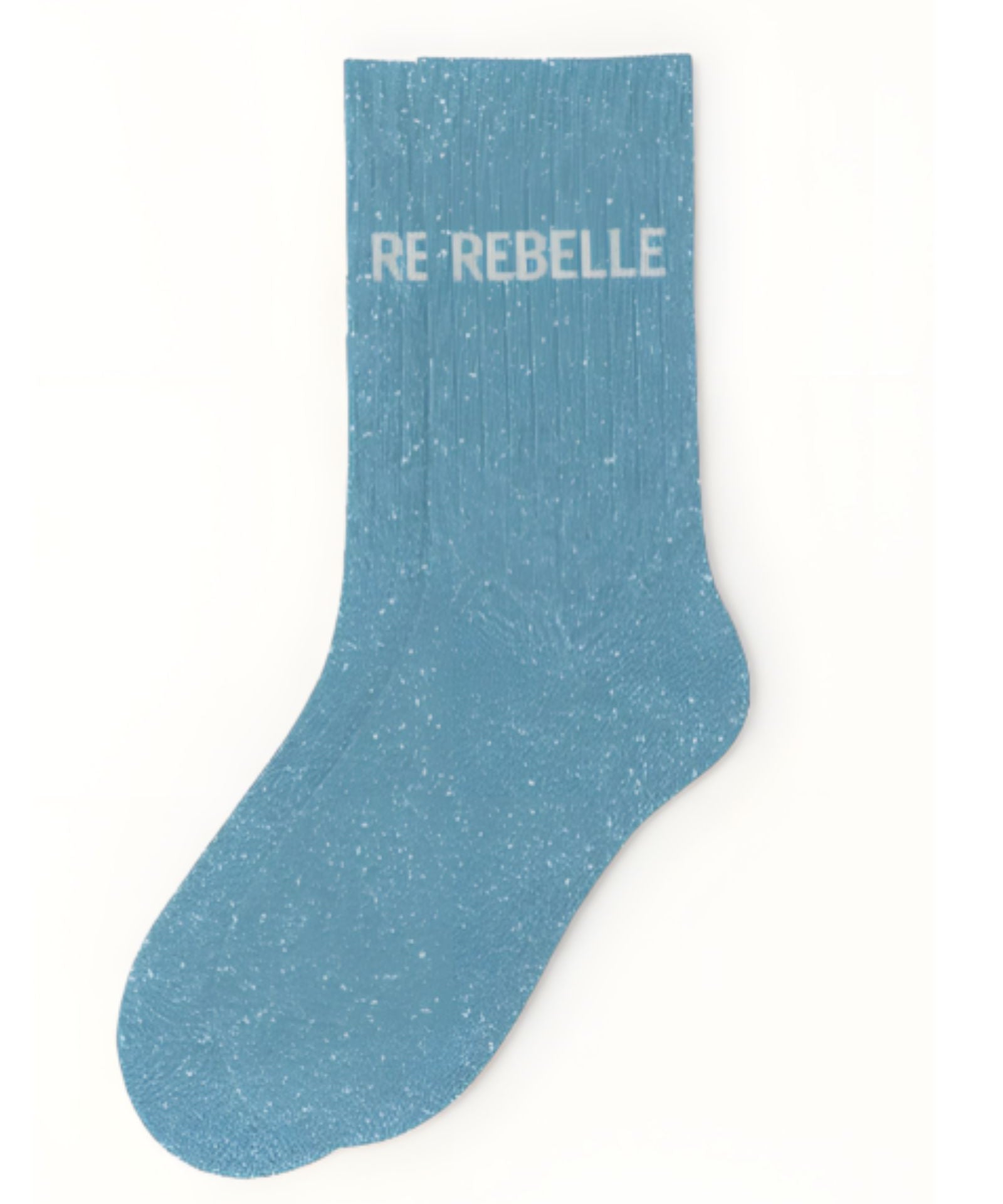 Side profile view of the turquoise glitter sock showing the comfortable elasticated ankle and the clean white REBELLE wording detail.