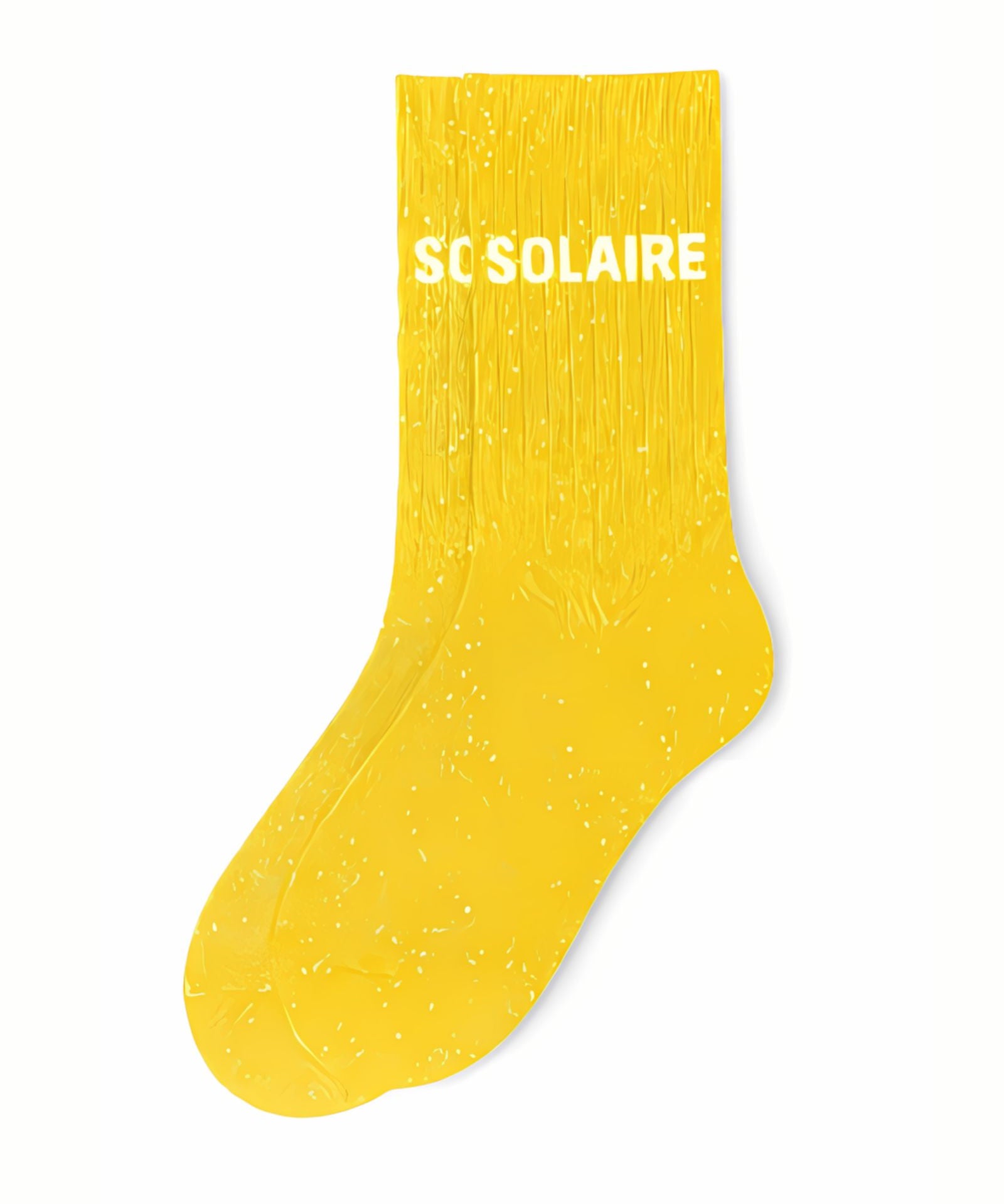 ide profile view of the yellow glitter sock showing the comfortable elasticated ankle and the clean white SOLAIRE wording detail.