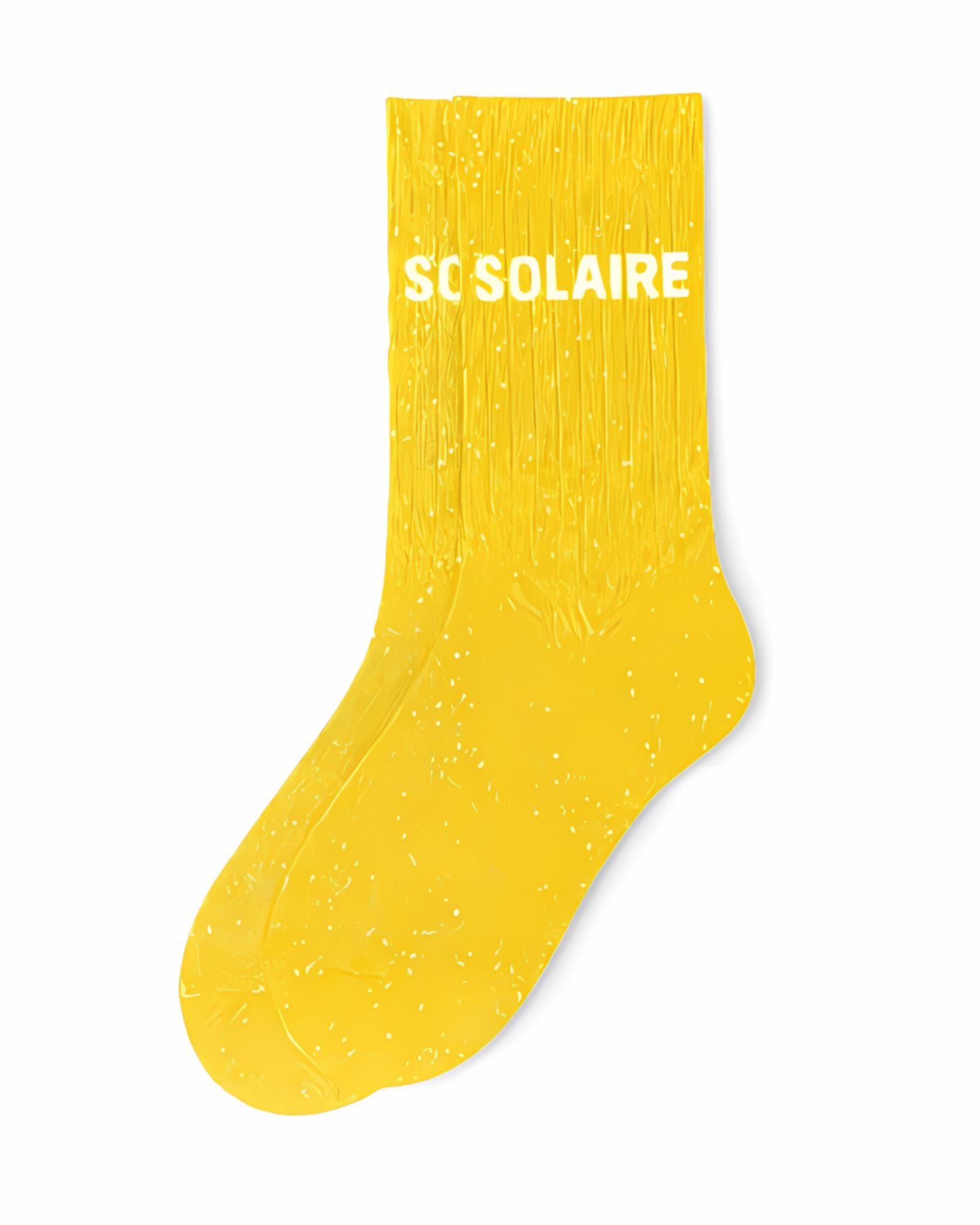 ide profile view of the yellow glitter sock showing the comfortable elasticated ankle and the clean white SOLAIRE wording detail.
