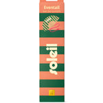 The green and pink SOLEIL folding fan neatly packed inside its slim, matching vertical gift box, ready for presentation.