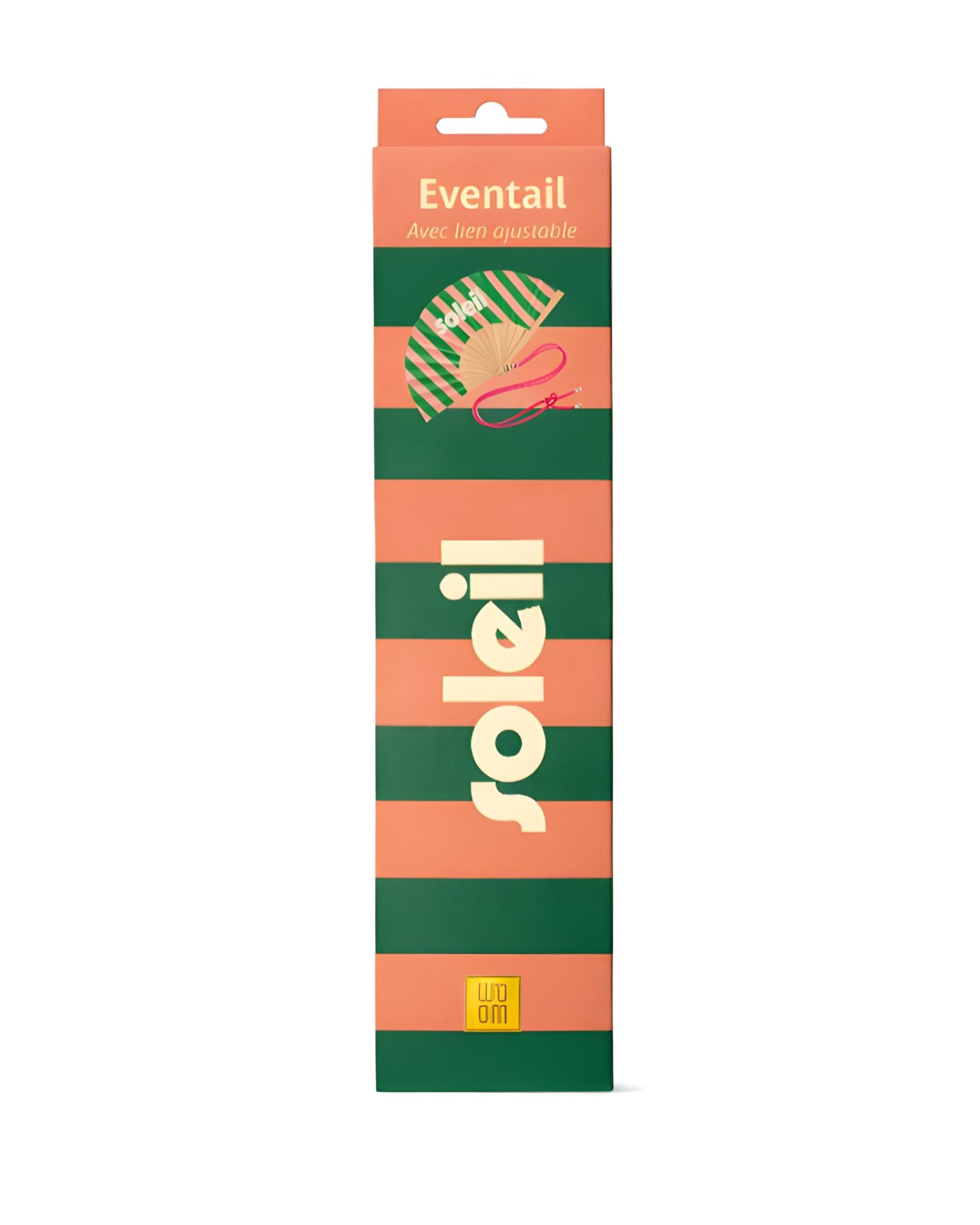 The green and pink SOLEIL folding fan neatly packed inside its slim, matching vertical gift box, ready for presentation.