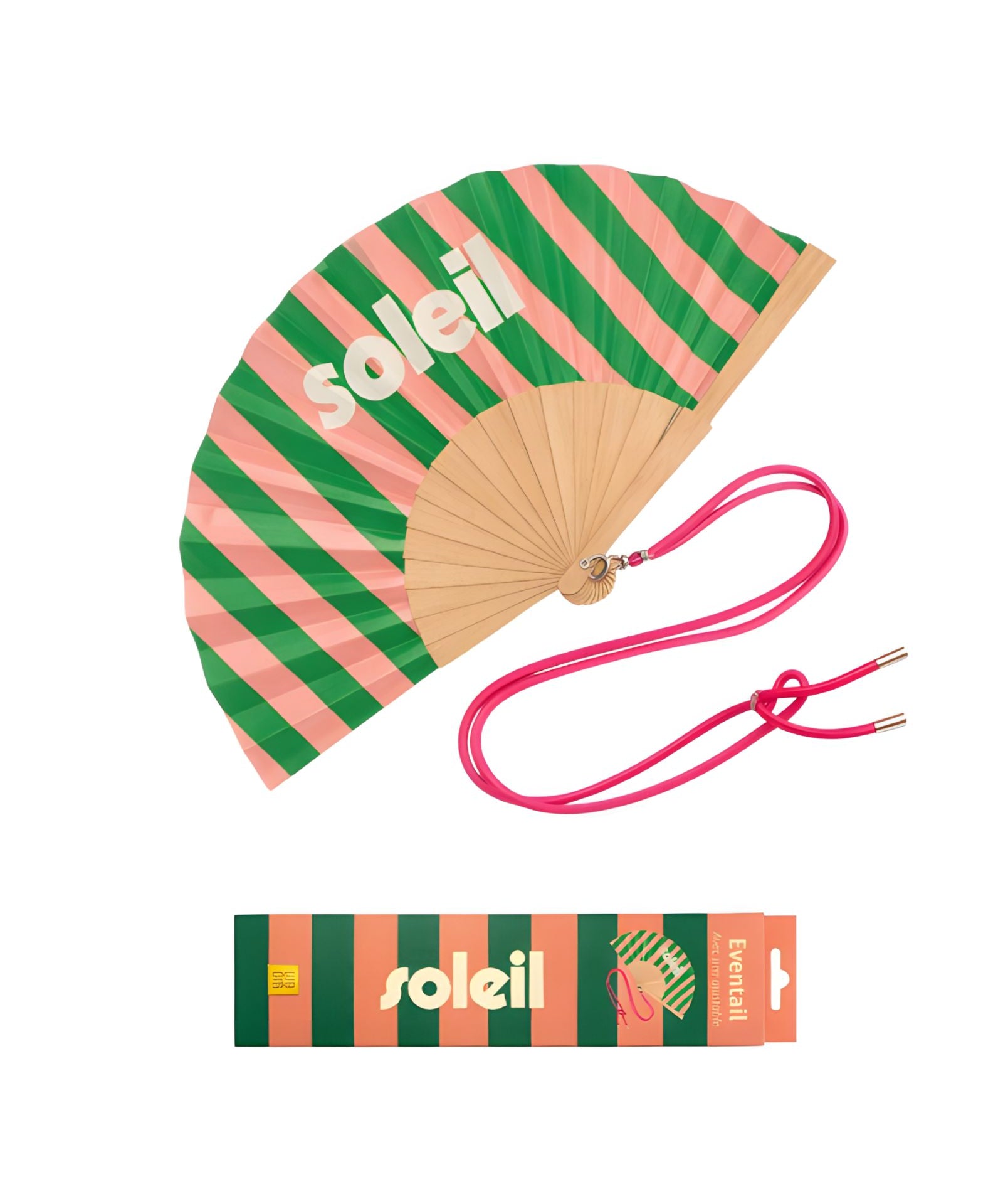 An opened summer folding fan with a dynamic green and pink striped pattern and white SOLEIL text, displayed alongside its matching pink shoulder cord and gift packaging.