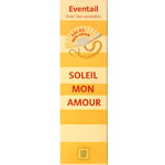 The yellow "SOLEIL MON AMOUR" folding fan neatly packed inside its slim, elegant vertical gift packaging, ready for gifting.