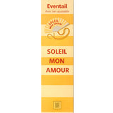 The yellow "SOLEIL MON AMOUR" folding fan neatly packed inside its slim, elegant vertical gift packaging, ready for gifting.