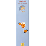 The soft blue folding fan with a Spritz theme neatly packed inside its slim, matching vertical designer gift box, ready for presentation.