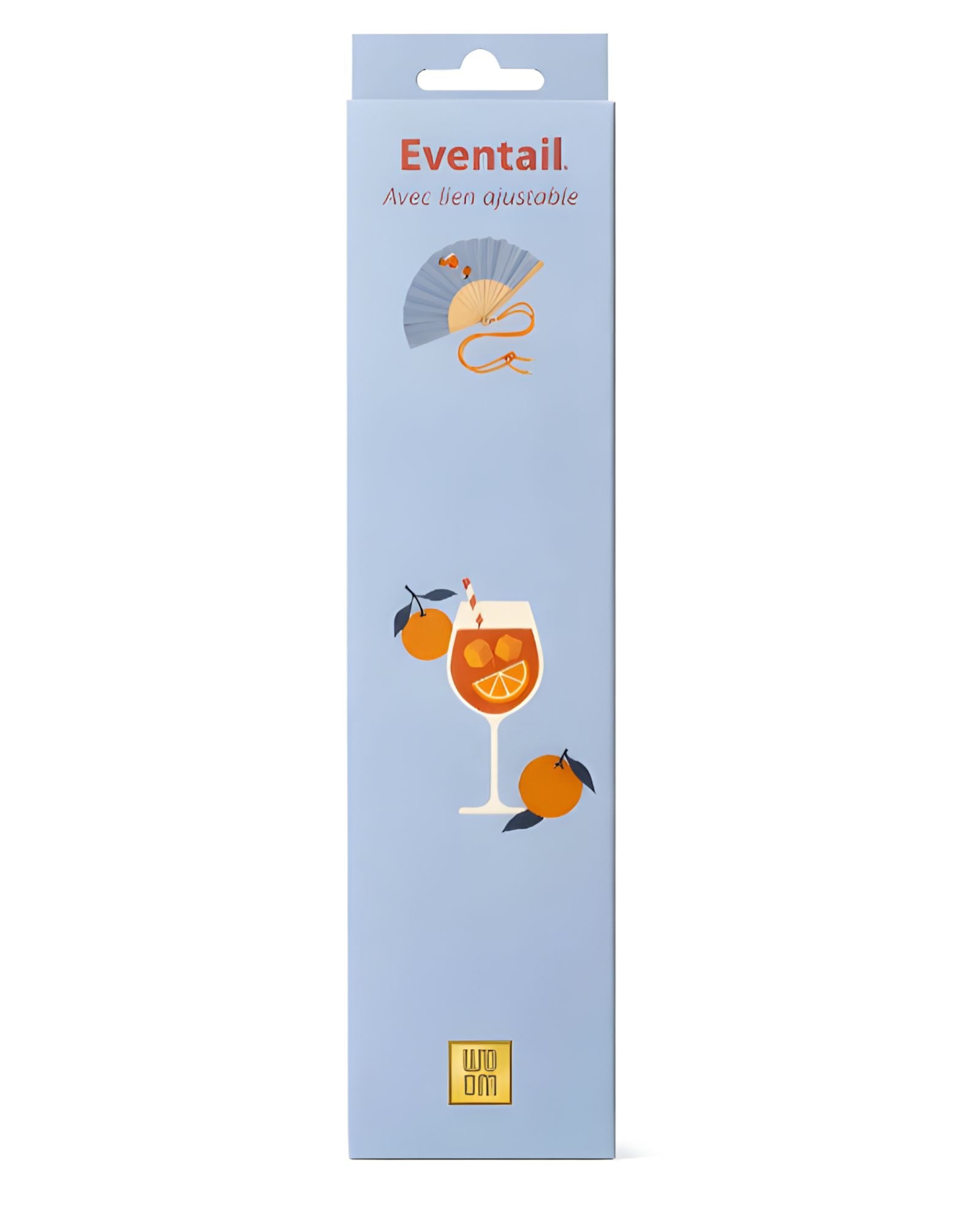 The soft blue folding fan with a Spritz theme neatly packed inside its slim, matching vertical designer gift box, ready for presentation.