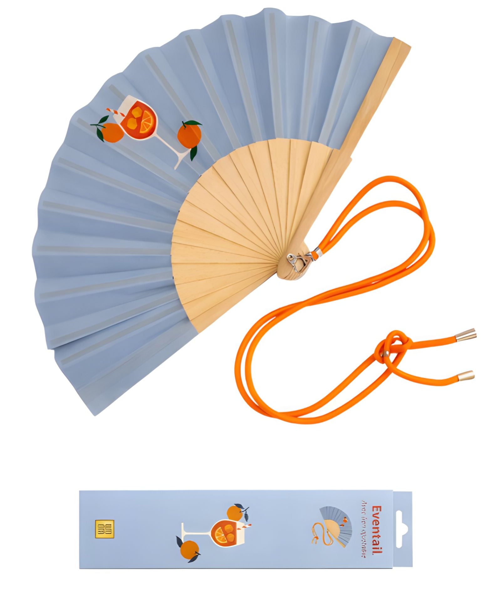 An opened summer folding fan with a soft blue fabric and a vibrant Spritz cocktail print, displayed alongside its contrast orange shoulder strap and matching packaging.