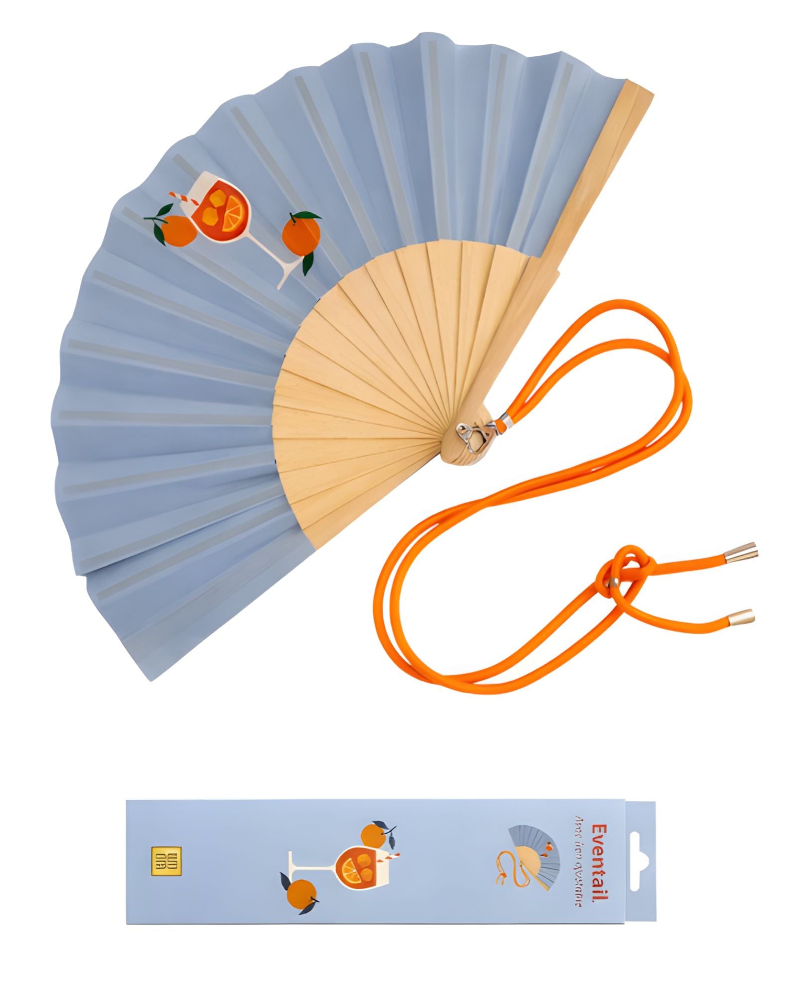 An opened summer folding fan with a soft blue fabric and a vibrant Spritz cocktail print, displayed alongside its contrast orange shoulder strap and matching packaging.