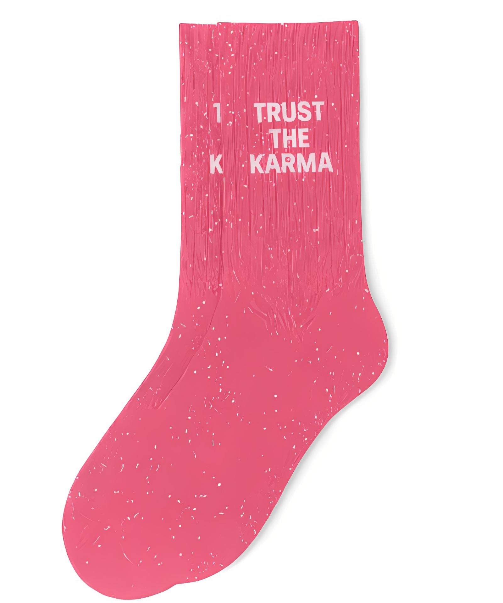 Side profile view of the pink glitter sock showing the comfortable elasticated ankle and the bold white TRUST THE KARMA wording detail.