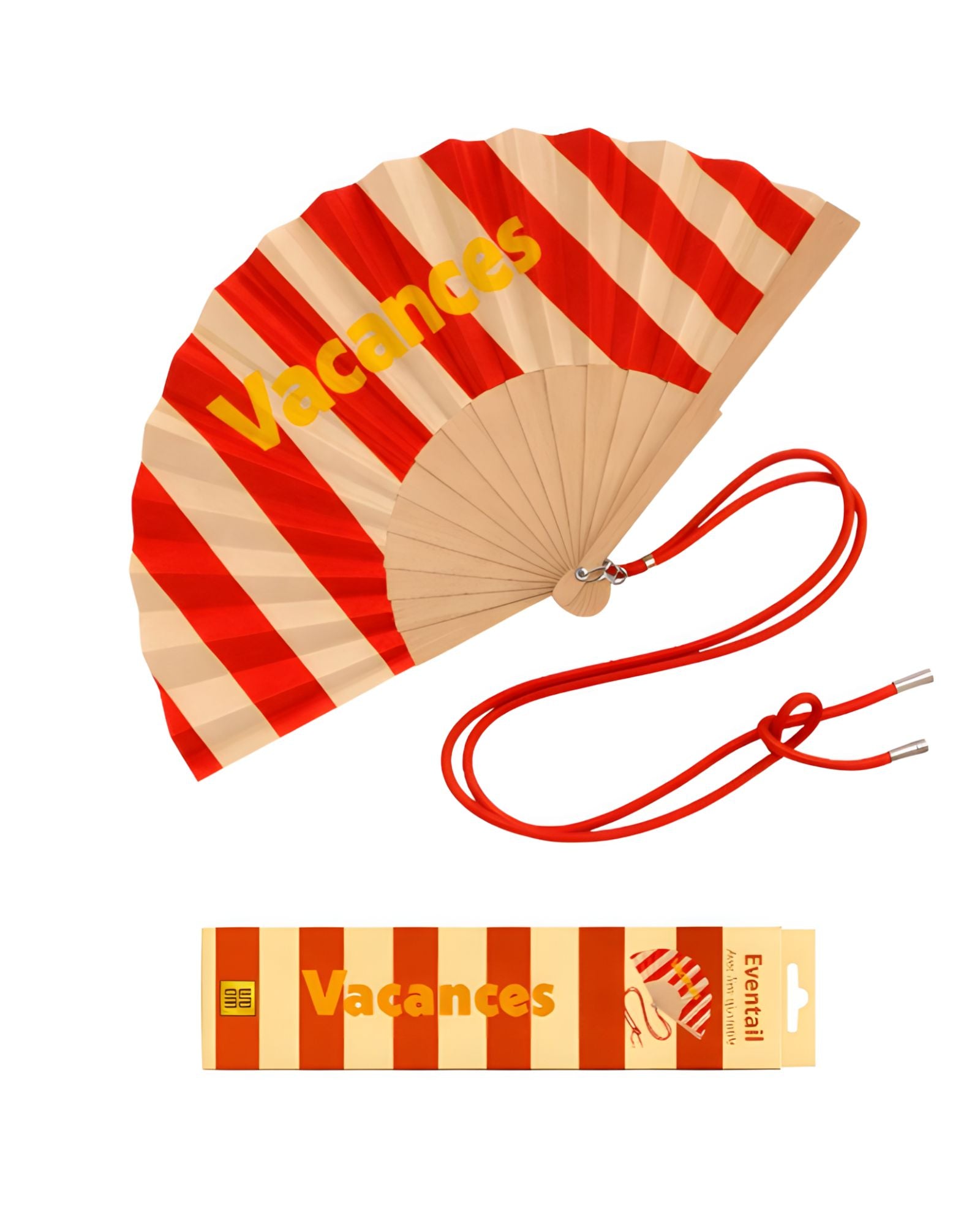 An opened summer folding fan with a red and beige striped pattern and bold yellow VACANCES typography, displayed next to its red shoulder cord and matching packaging.