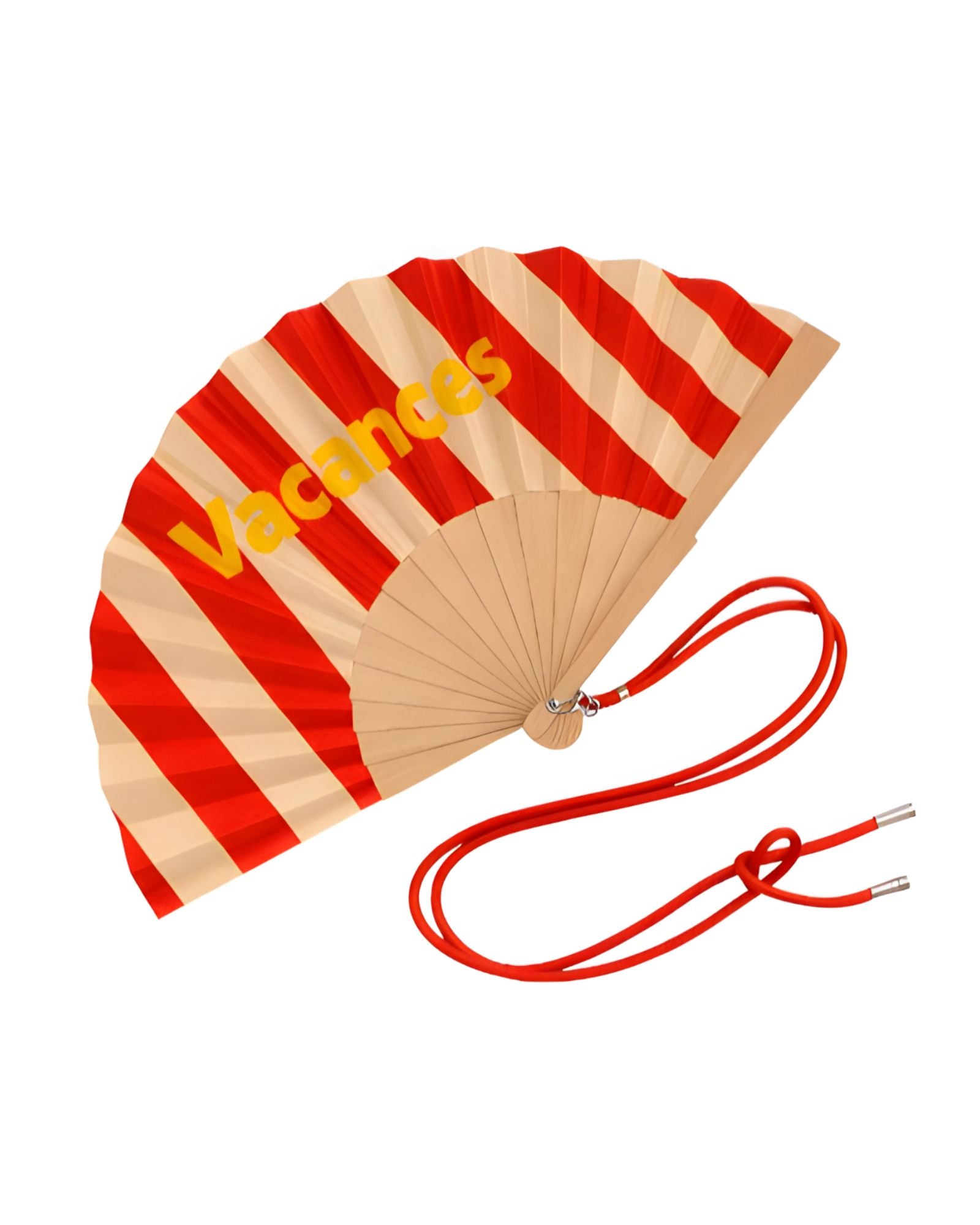 Close-up view of the opened red striped wooden fan, showcasing the fabric texture, contrast yellow lettering, and attached red contrast shoulder strap.