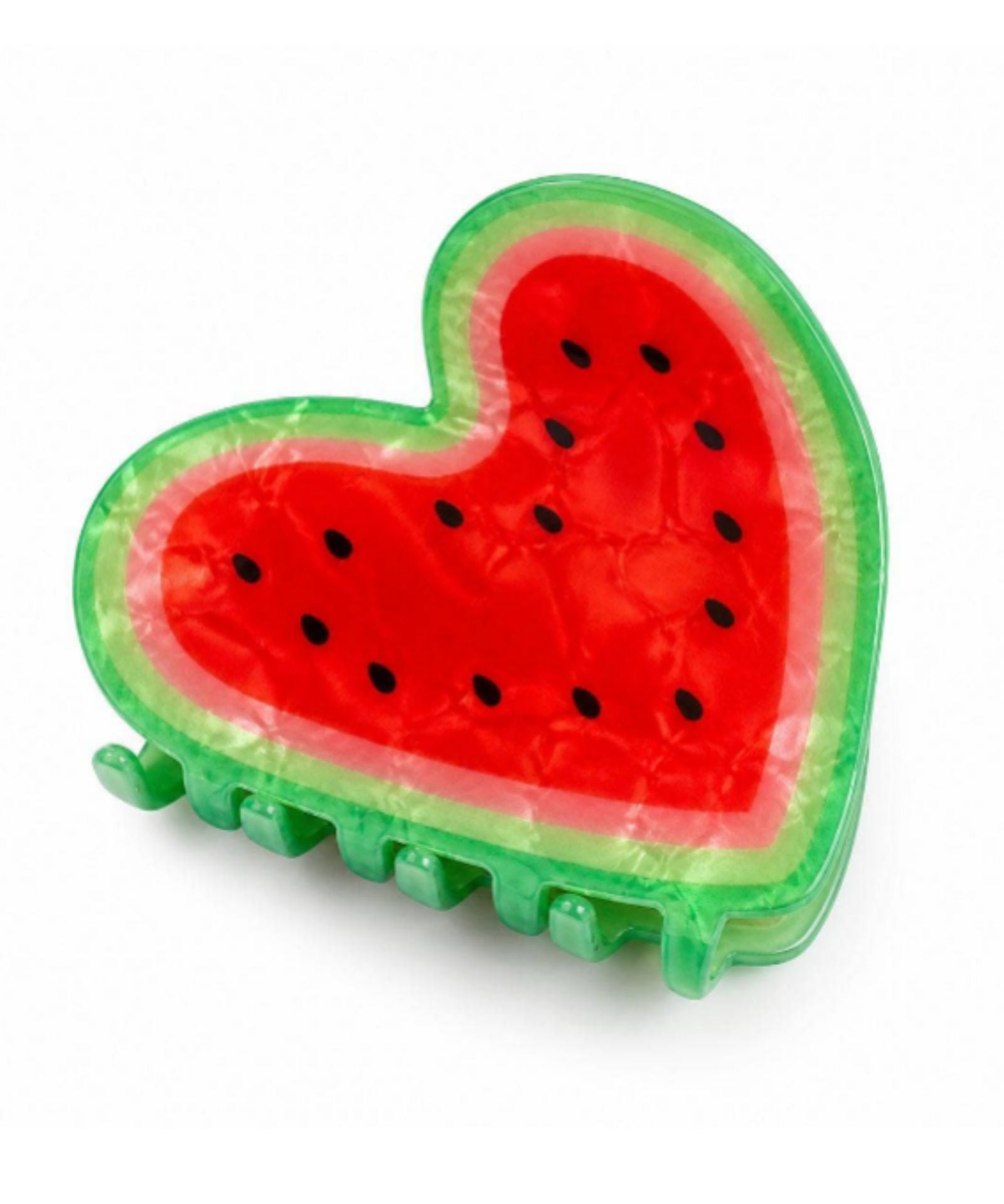 Playful heart-shaped hair claw clip designed like a watermelon slice with a glossy red center, black seeds, and a vibrant green rind against a white background
