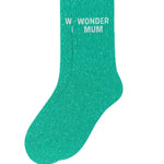 Side profile view of the almond green glitter sock showing the comfortable elasticated ankle and the clean white WONDER MUM wording detail.