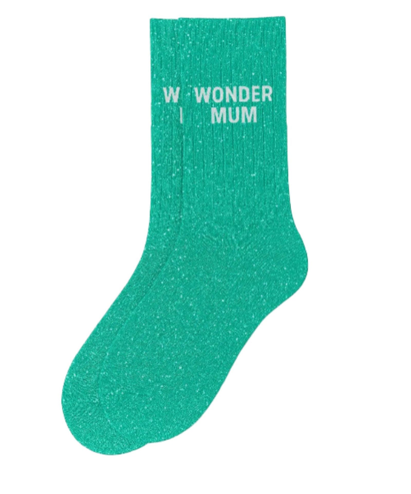 Side profile view of the almond green glitter sock showing the comfortable elasticated ankle and the clean white WONDER MUM wording detail.