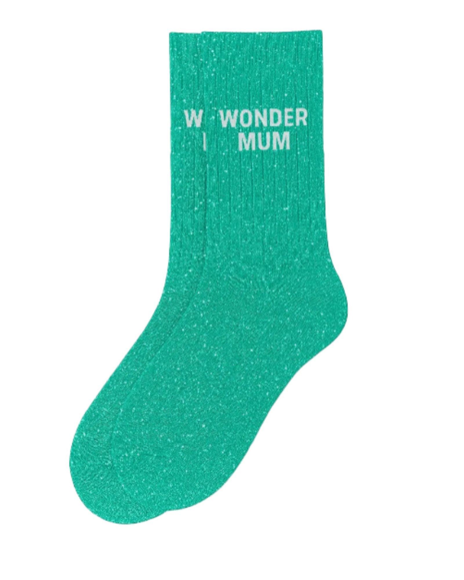 Side profile view of the almond green glitter sock showing the comfortable elasticated ankle and the clean white WONDER MUM wording detail.