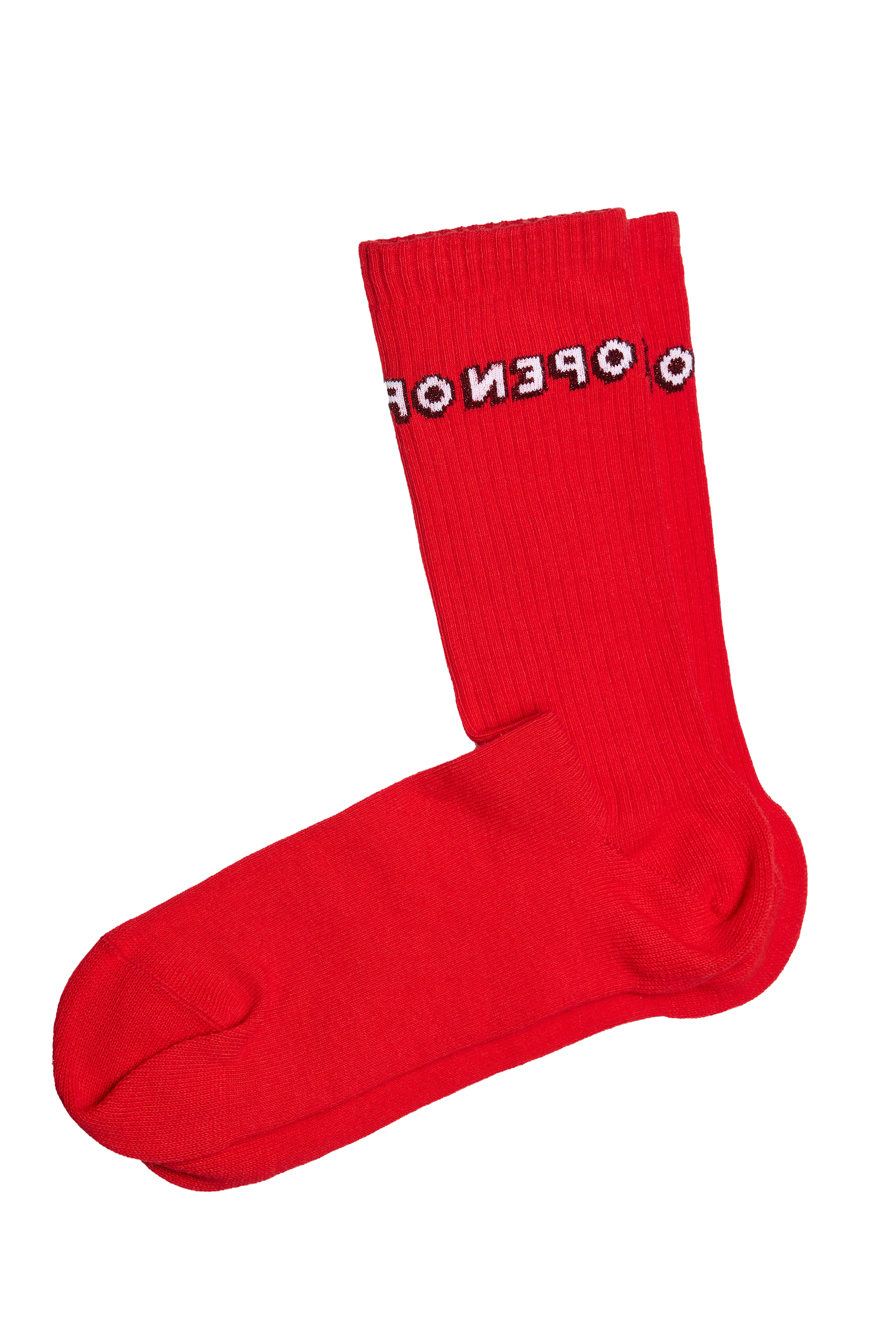 A pair of red cotton socks with the Open Logo by Swiss brand Chaton Gonflable