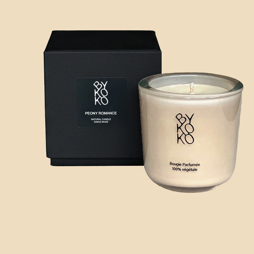 Sensual Peony Romance Candle, invoking the allure of blooming peonies and the serenity of a romantic garden. Handcrafted for luxury in a beige glass container.