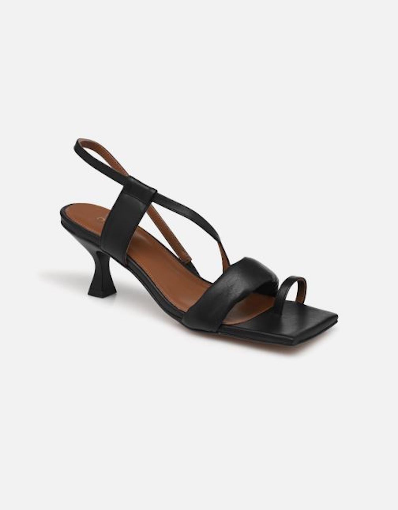 ALOHAS black square-toe heels shown at an angle, highlighting the toe strap and slingback design.