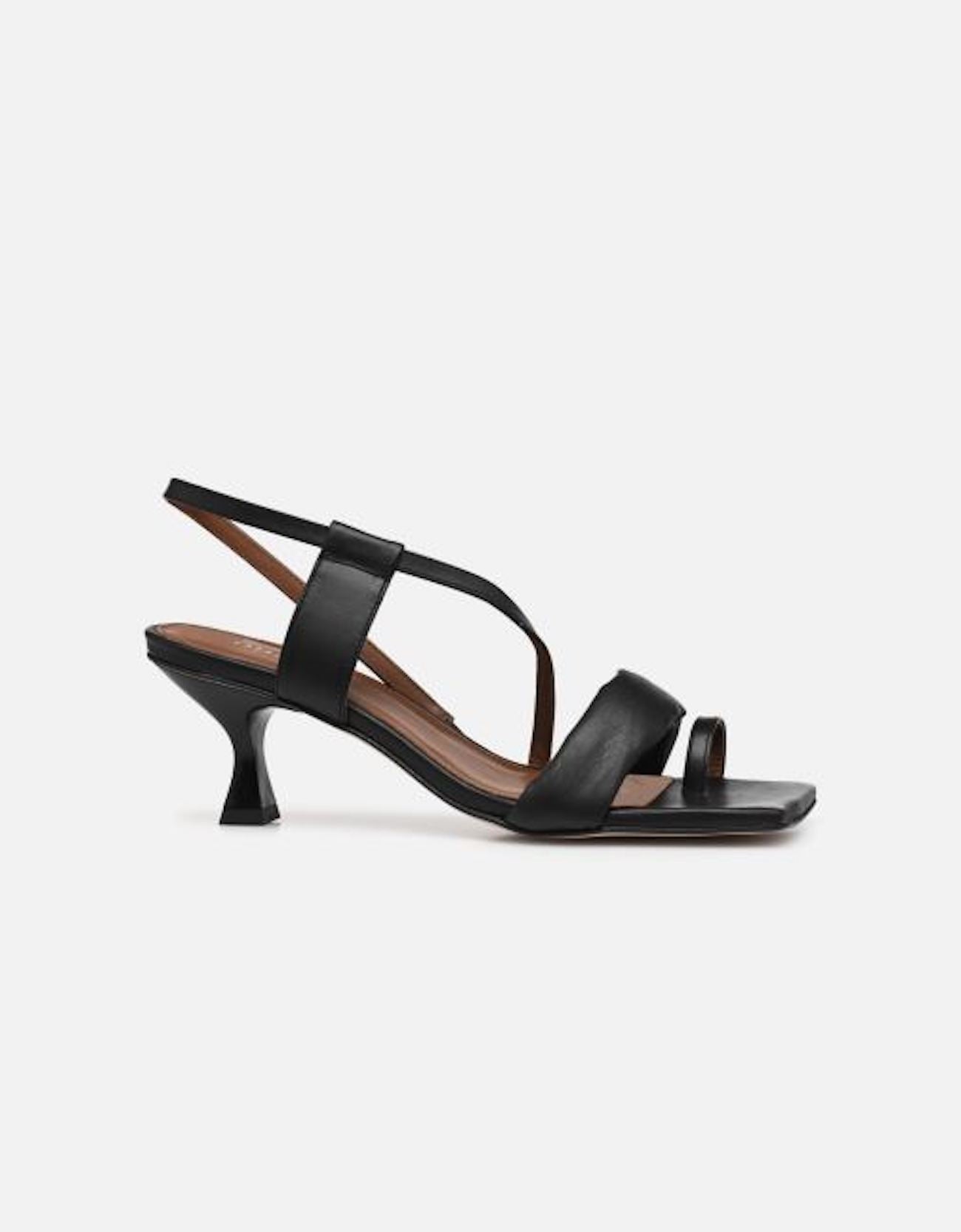 ALOHAS black leather square-toe heels with a slingback strap, side profile view.