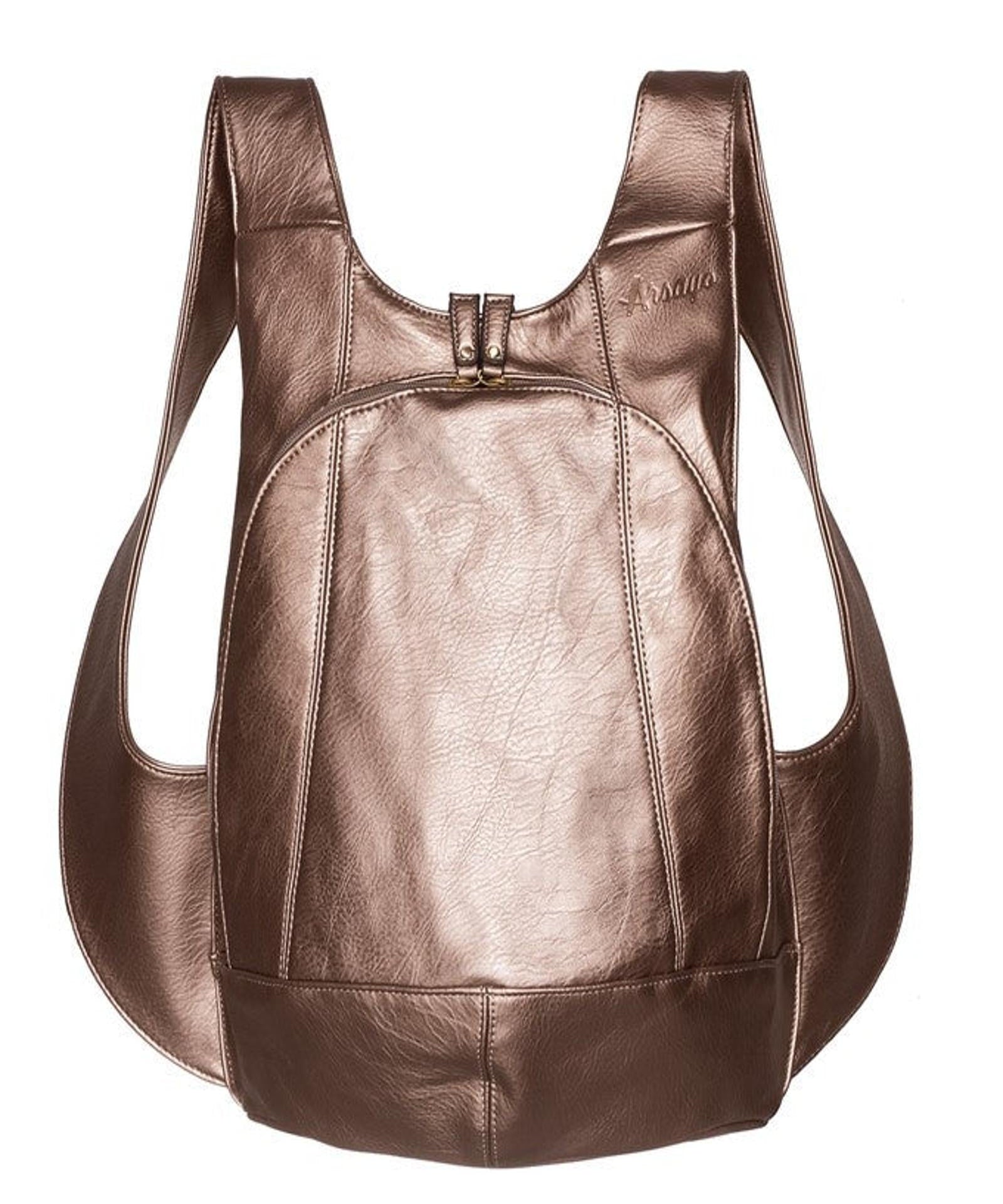 ARSAYO vegan leather backpack in bronze metallic finish, front view.