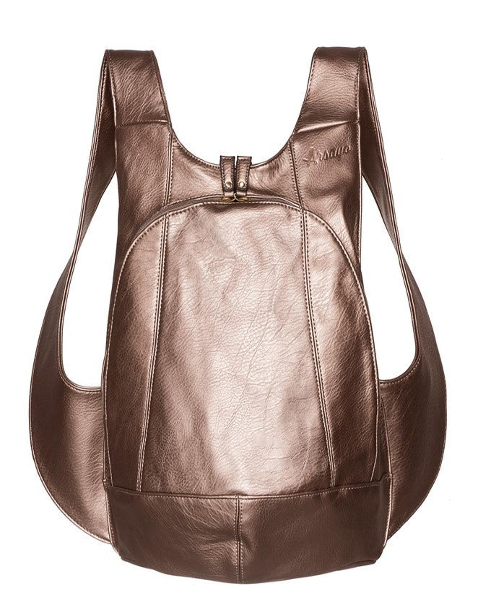 ARSAYO vegan leather backpack in bronze metallic finish, front view.