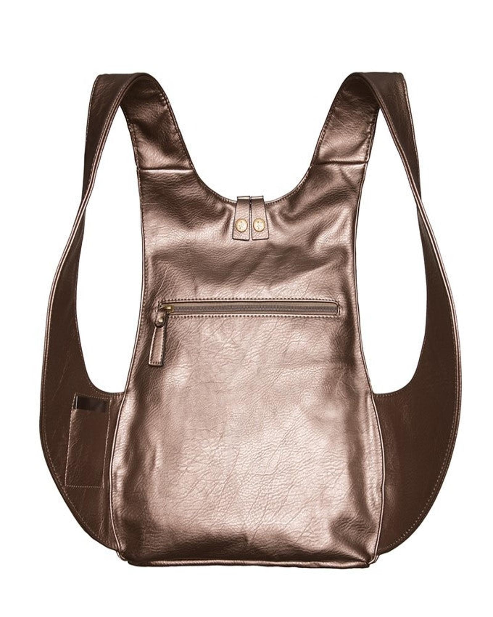 Back pocket on the ARSAYO Original vegan backpack in bronze metallic, back view
