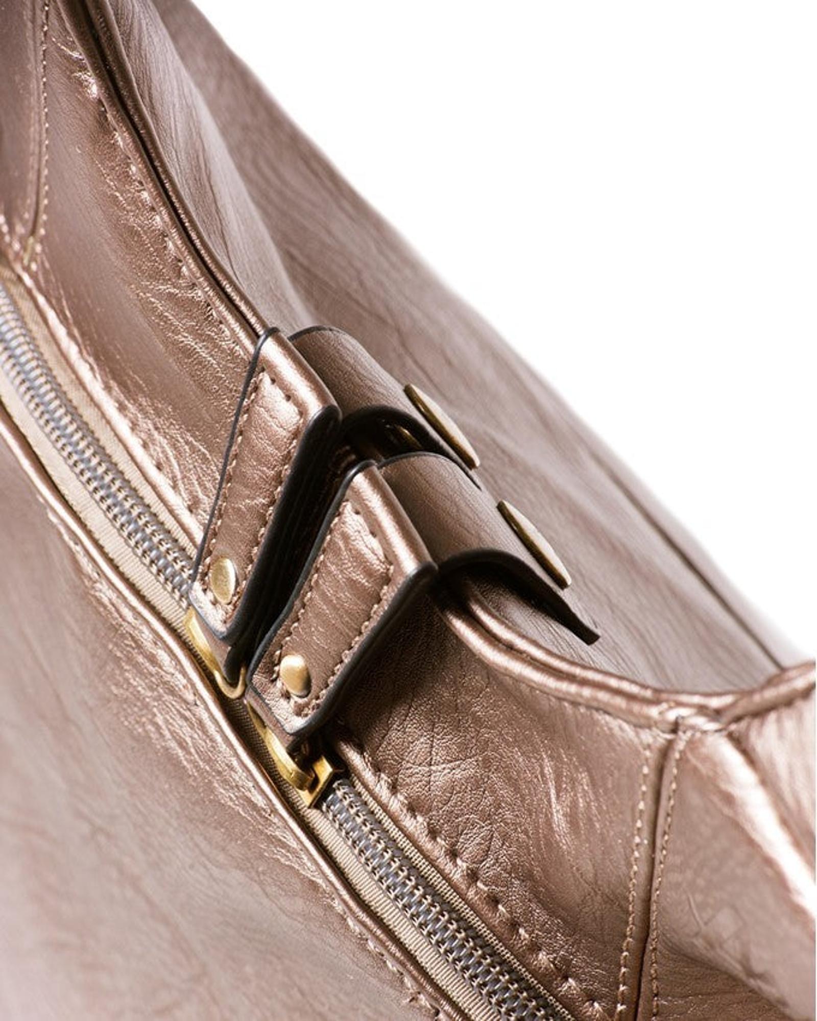 Patented secure closure on the ARSAYO Original vegan backpack in bronze metallic, close-up detail
