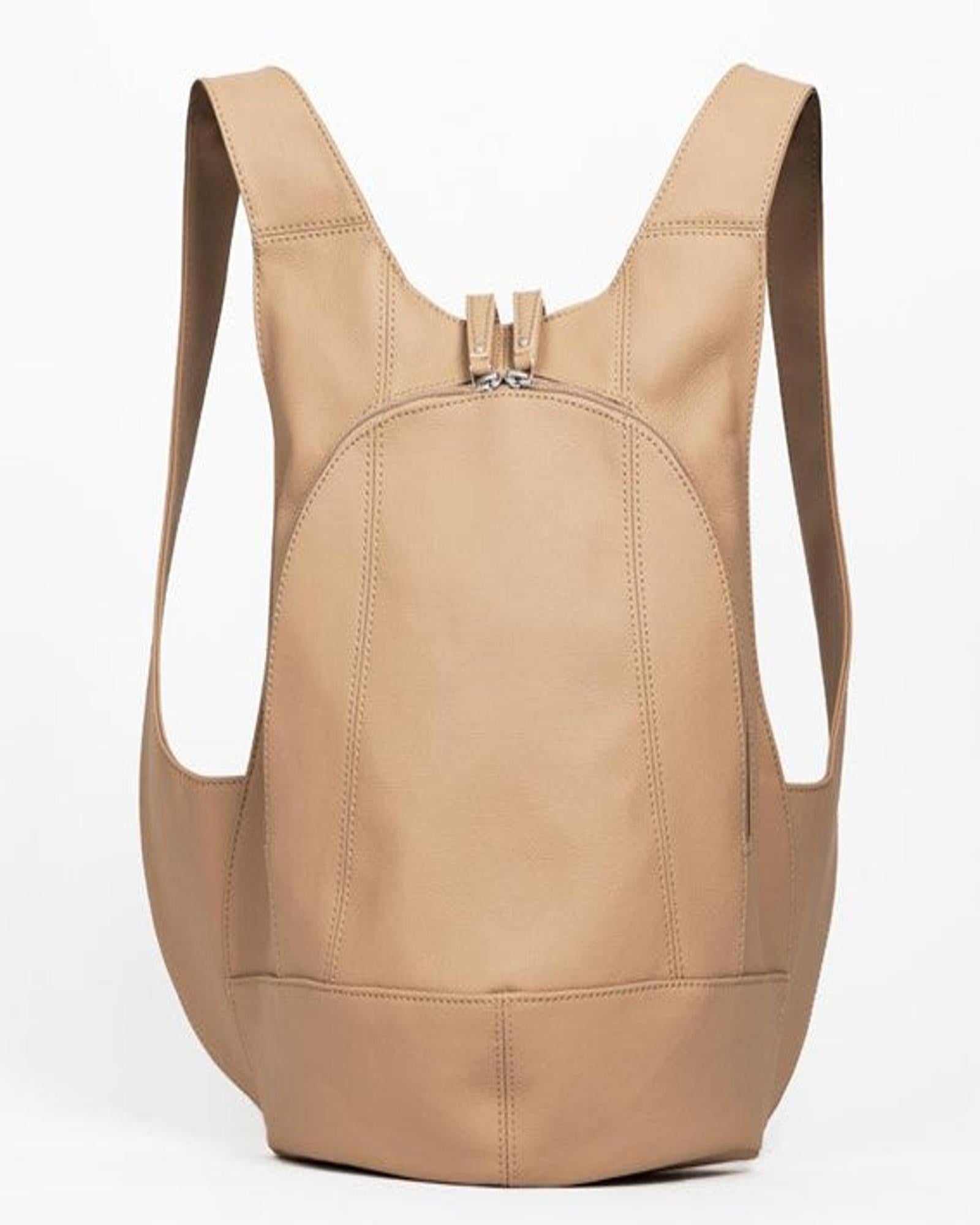 ARSAYO Mela backpack in beige AppleSkin with patented secure closure, front view