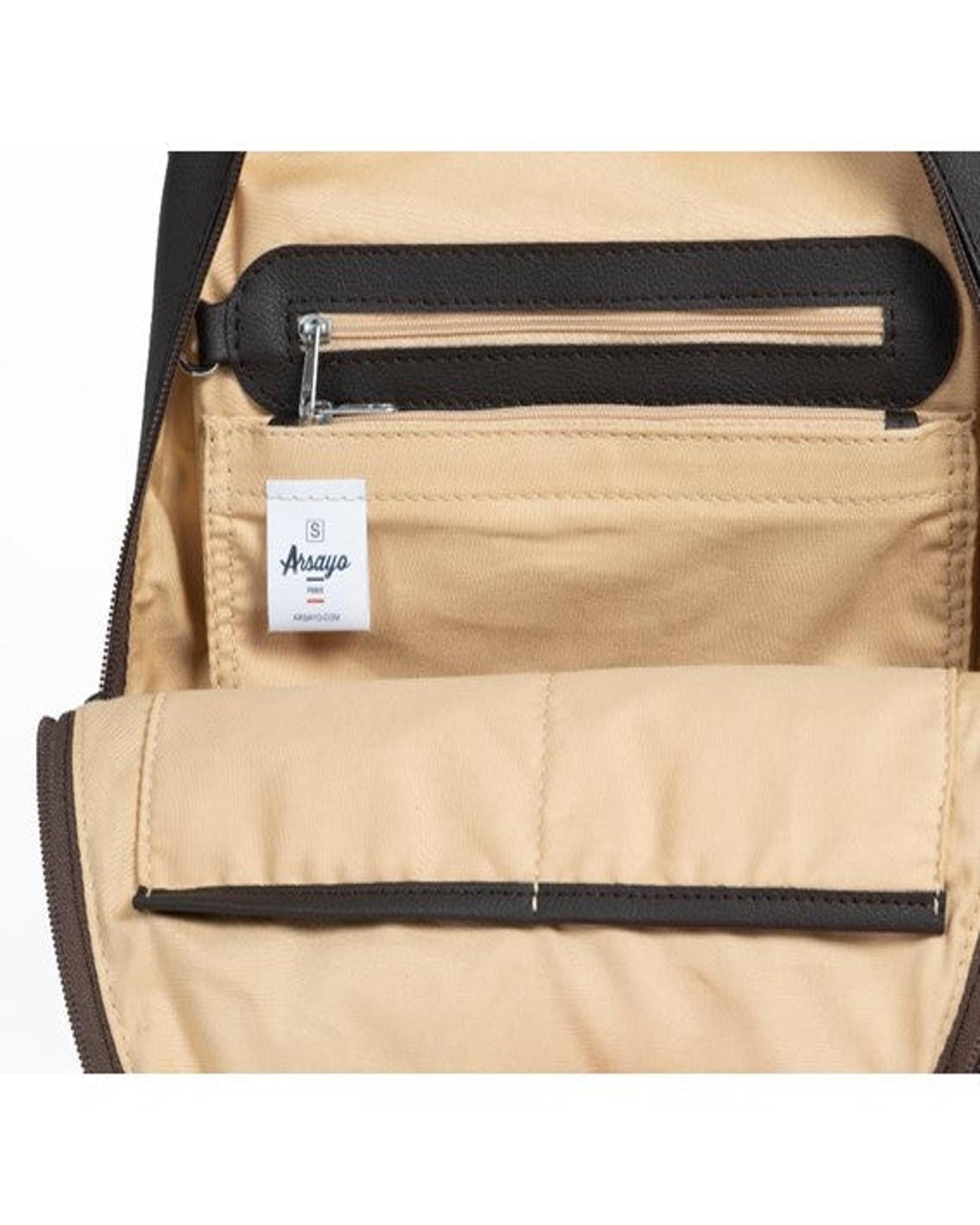 ARSAYO Mela backpack in dark brown AppleSkin with patented secure closure, another view