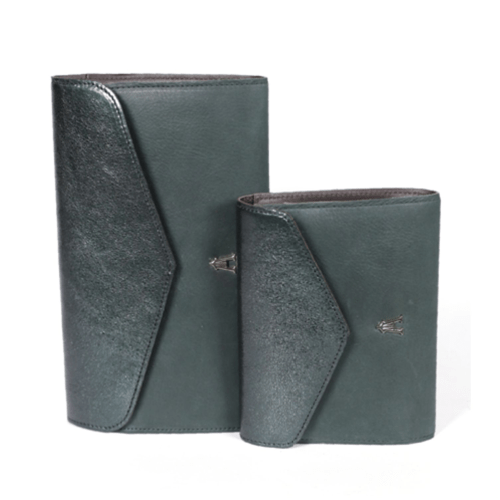 Craie Studio Pliage bi-colour wallets in bottle-green metallic leather, maxi and classic sizes.